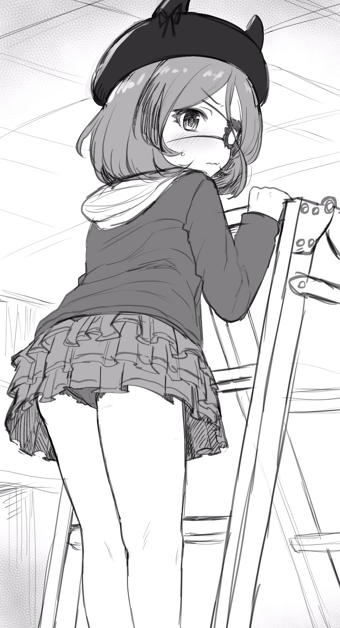 1girl bangs blush eyelashes eyepatch frilled_skirt frills hat hayasaka_mirei highres hood hooded_jacket horned_hat idolmaster idolmaster_cinderella_girls indoors jacket ladder legs long_sleeves looking_back miniskirt monochrome on_ladder panties pantyshot parted_bangs ribbon shimotsuka_(susu2319) short_hair simple_background skirt solo sweat thighs underwear wavy_mouth