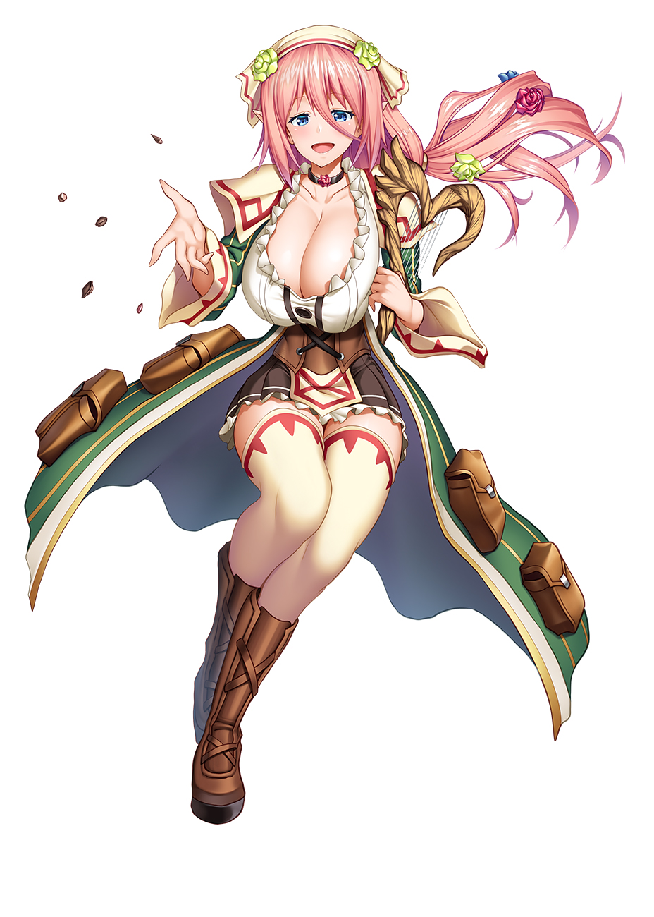 accessory asahi big_breasts blue_eyes boots breasts cleavage clothed clothing corset digital_media_(artwork) dress elf female flower flower_in_hair footwear green_clothing green_dress hair hair_accessory hi_res huge_breasts humanoid humanoid_pointy_ears legwear light_body light_skin lingerie looking_at_viewer merme_elchim not_furry pink_hair plant purse solo taimanin_(series) thigh_highs topwear veil white_clothing white_legwear white_thigh_highs