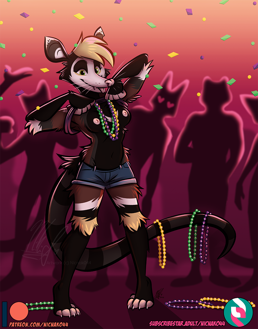 anthro breasts carnival_(holiday) clothed clothing didelphid female flashing flashing_breasts holidays mammal mardi_gras marsupial nicnak044 nipples opal_(nicnak044) solo