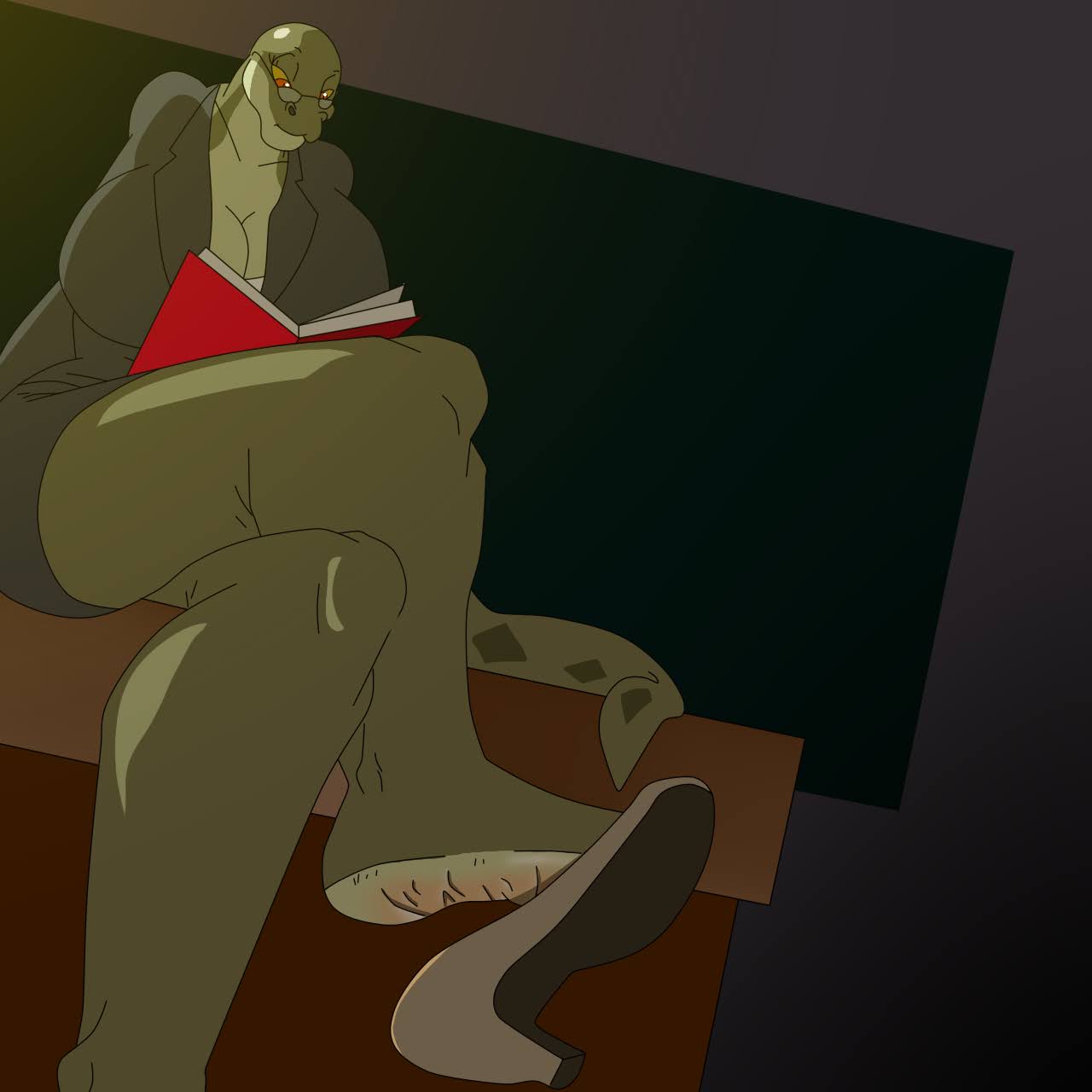 anthro big_breasts book bottomwear breasts cleavage clothed clothing crossed_legs dress_shirt eyewear female footwear glasses green_body hi_res high_heels huge_breasts margret_stalizburg maximus21 non-mammal_breasts reading red_eyes reptile scalie shirt sitting skirt snake solo topwear yellow_sclera