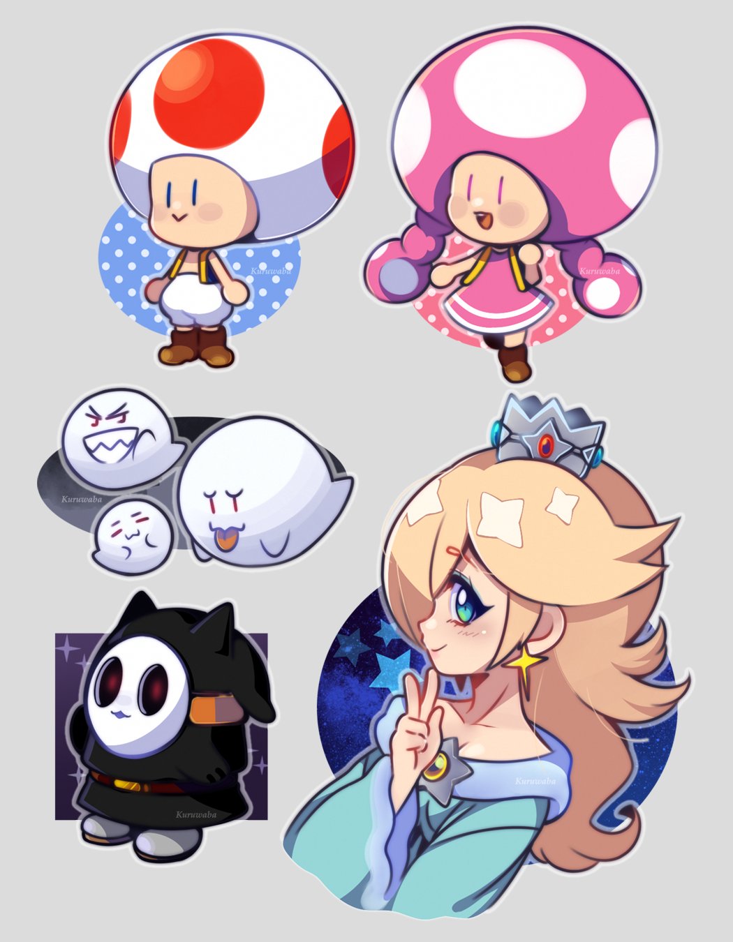 1boy 2girls artist_name blonde_hair blue_dress boo_(mario) boots braid brown_footwear closed_mouth crown dress earrings highres jewelry long_hair long_sleeves looking_at_viewer mario_(series) multiple_girls open_mouth pink_dress quartette rosalina shy_guy star_(symbol) star_earrings toad_(mario) toadette twin_braids w wide_sleeves