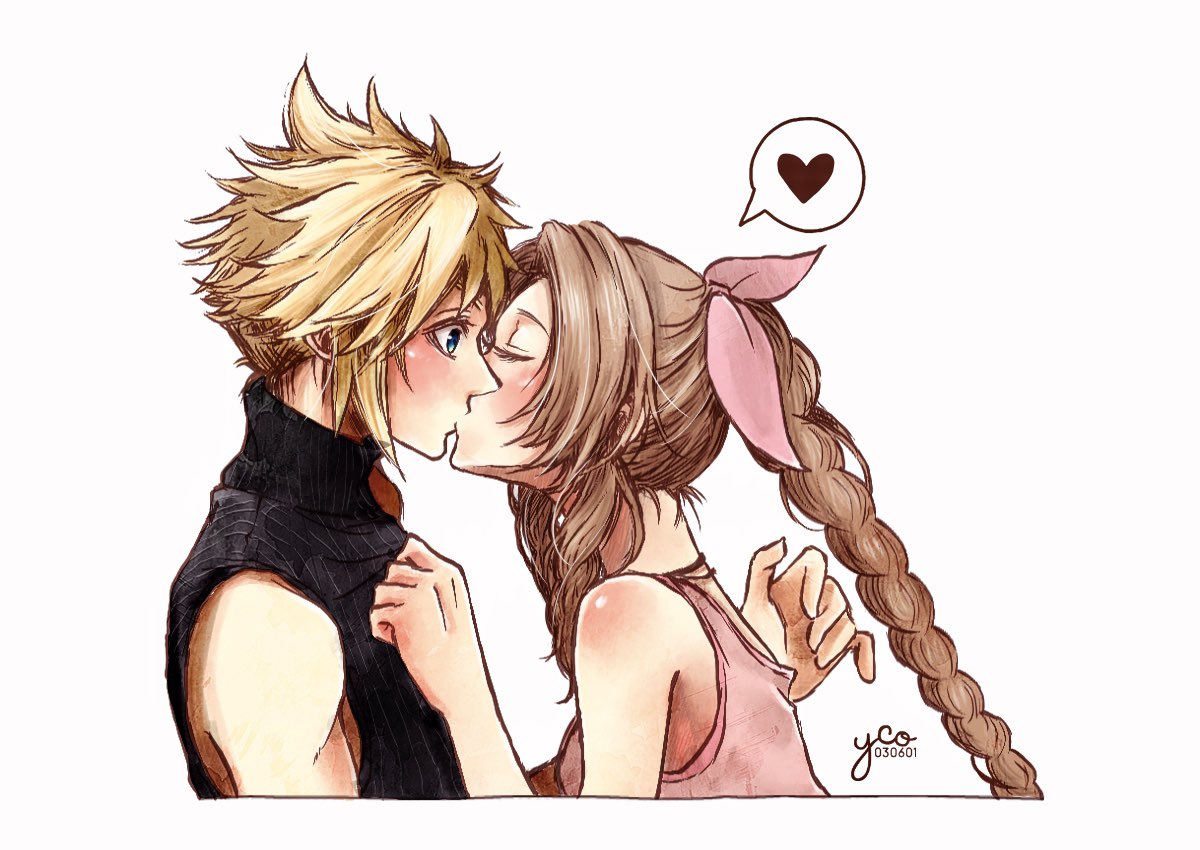 1boy 1girl aerith_gainsborough artist_name bangs bare_arms blonde_hair blue_eyes blush braid braided_ponytail breasts brown_hair choker closed_eyes cloud_strife couple dated dress final_fantasy final_fantasy_vii final_fantasy_vii_remake hair_ribbon heart hetero hover_hand kiss leaning_forward long_hair looking_at_another medium_breasts parted_bangs pink_dress pink_ribbon ribbon shirt_grab short_hair sidelocks sleeveless sleeveless_dress sleeveless_turtleneck spiked_hair turtleneck upper_body white_background wide-eyed yco_030601