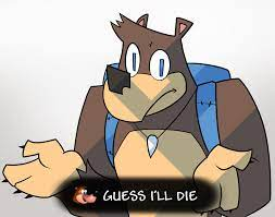 animal_humanoid anthro backpack banjo-kazooie banjo_(banjo-kazooie) blue_eyes brown_body brown_fur claws english_text fur guess_i'll_die humanoid looking_at_viewer low_res male mammal mammal_humanoid meme potoobrigham rareware shark_tooth_necklace shrug simple_background solo text ursid ursid_humanoid video_games white_background
