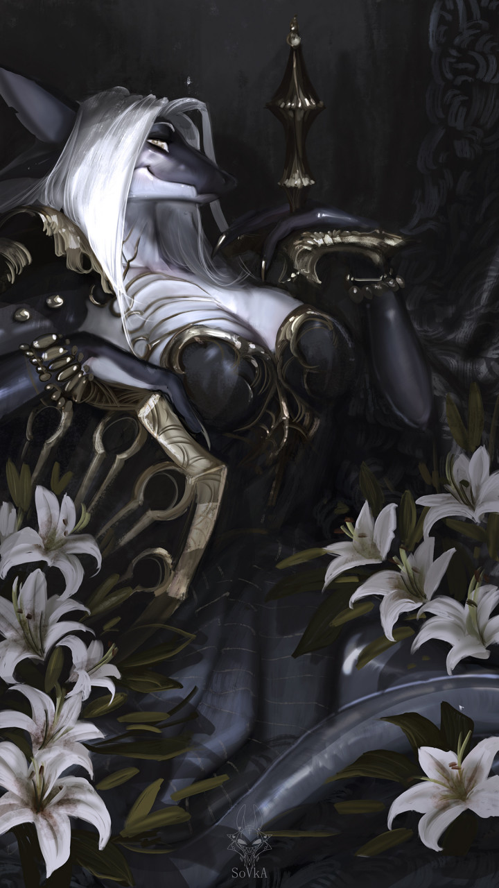 anthro aurelia_(vanguard) blue_body blue_skin clothing detailed_background dress female flower gold_(metal) gold_jewelry gold_markings hair hi_res jewelry markings plant sitting solo sovka white_hair