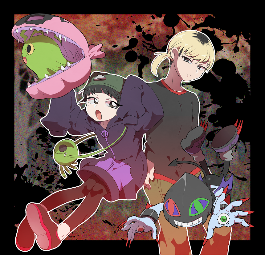 antennae_(anatomy) bandai_namco bivalve black_hair blonde_hair clam claws clothing demon digimon digimon_survive dracmon dracmon_(survive) female feral green_body group hair hat headgear headwear hoodie human humanoid kaito_shinonome kuso_800t male mammal marine miu_shinonome mollusk sharp_teeth shell syakomon syakomon_(survive) teeth topwear