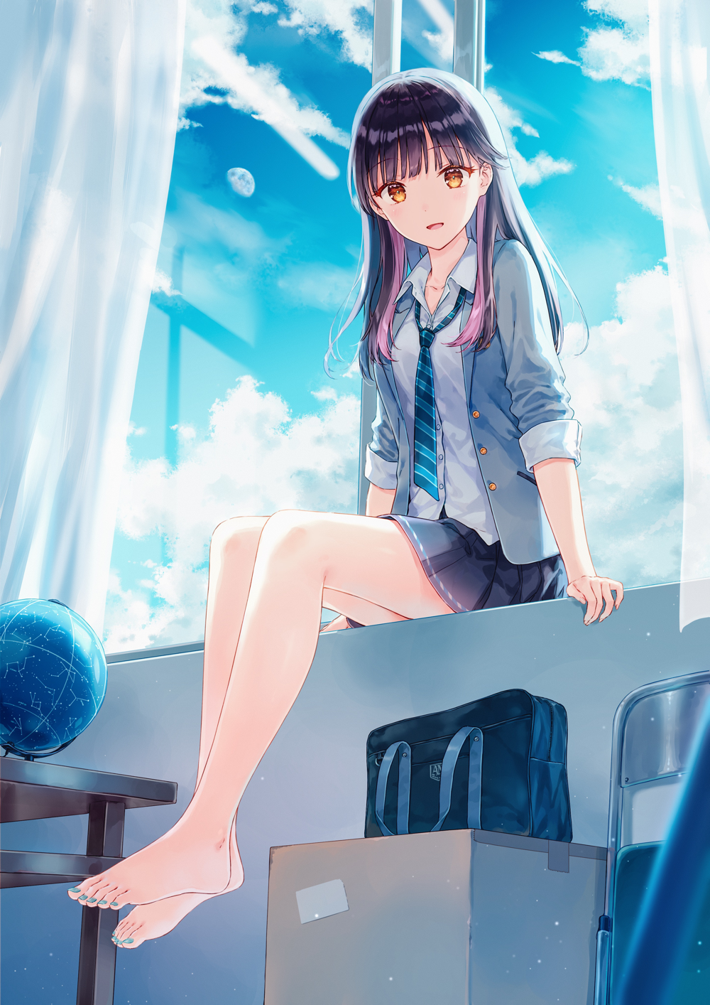 1girl bag bangs barefoot black_hair blazer blue_bag blue_jacket blue_necktie blue_skirt blue_sky blush chair cloud collared_shirt commentary_request copyright_request curtains desk dress_shirt feet folding_chair globe highres hiten_(hitenkei) indoors jacket long_hair long_sleeves looking_at_viewer looking_down multicolored_hair nail_polish necktie official_art open_mouth orange_hair pink_hair pleated_skirt school_bag school_uniform shirt sitting skirt sky smile solo toenail_polish toenails toes two-tone_hair white_shirt window windowsill