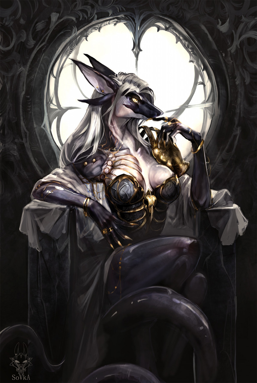 anthro armor aurelia_(vanguard) big_breasts blue_body blue_skin breasts claws detailed_background dragon female gold_(metal) gold_armor gold_markings hair hi_res long_ears markings sitting solo sovka thick_thighs white_hair yellow_claws yellow_eyes