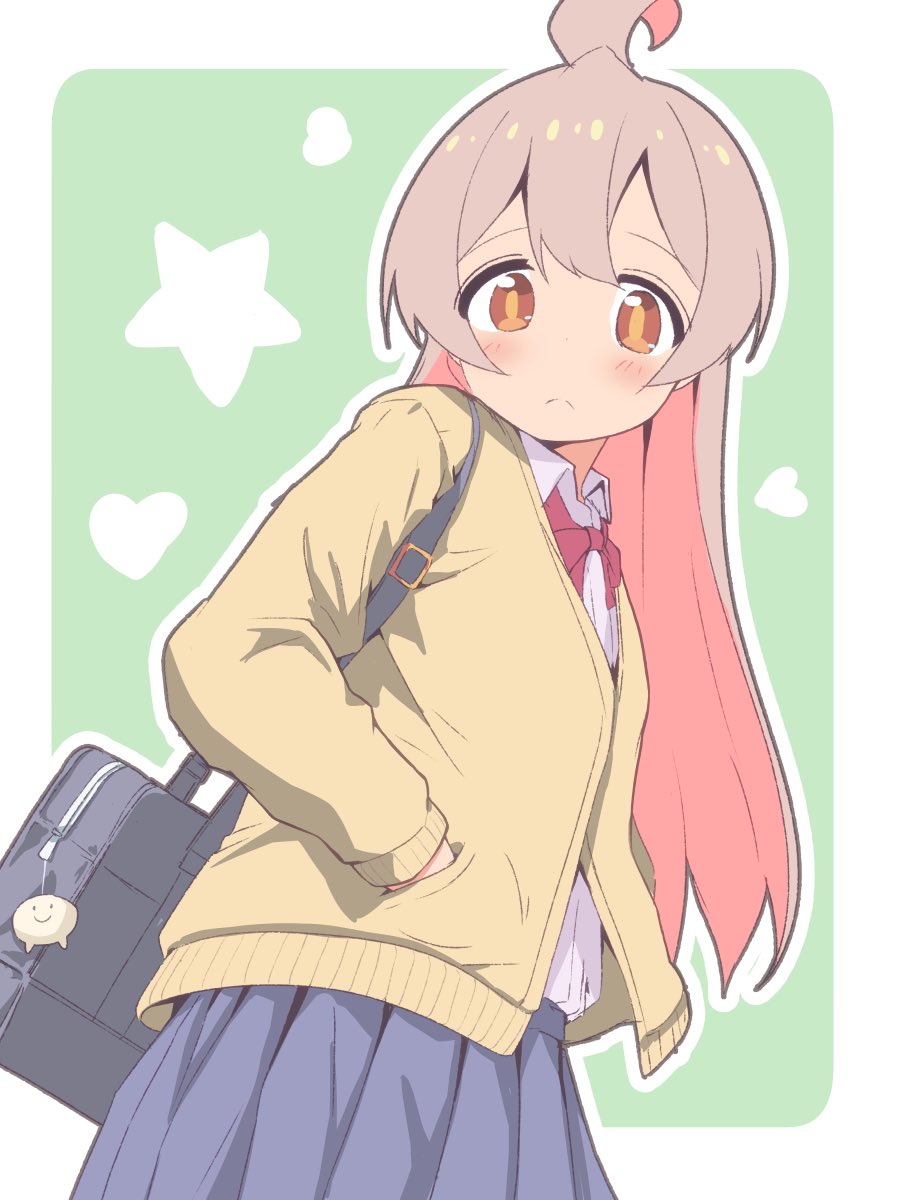 1girl bag blue_sky border bow bowtie colored_inner_hair commentary frown green_background grey_hair hand_in_pocket heart highres jacket light_blush long_hair long_sleeves looking_at_viewer multicolored_hair onii-chan_wa_oshimai! outline outside_border oyama_mahiro pink_hair pleated_skirt red_bow red_bowtie school_bag shirt shoulder_bag simple_background skirt sky solo star_(symbol) two-tone_hair unkimo white_border white_outline white_shirt wing_collar yellow_jacket