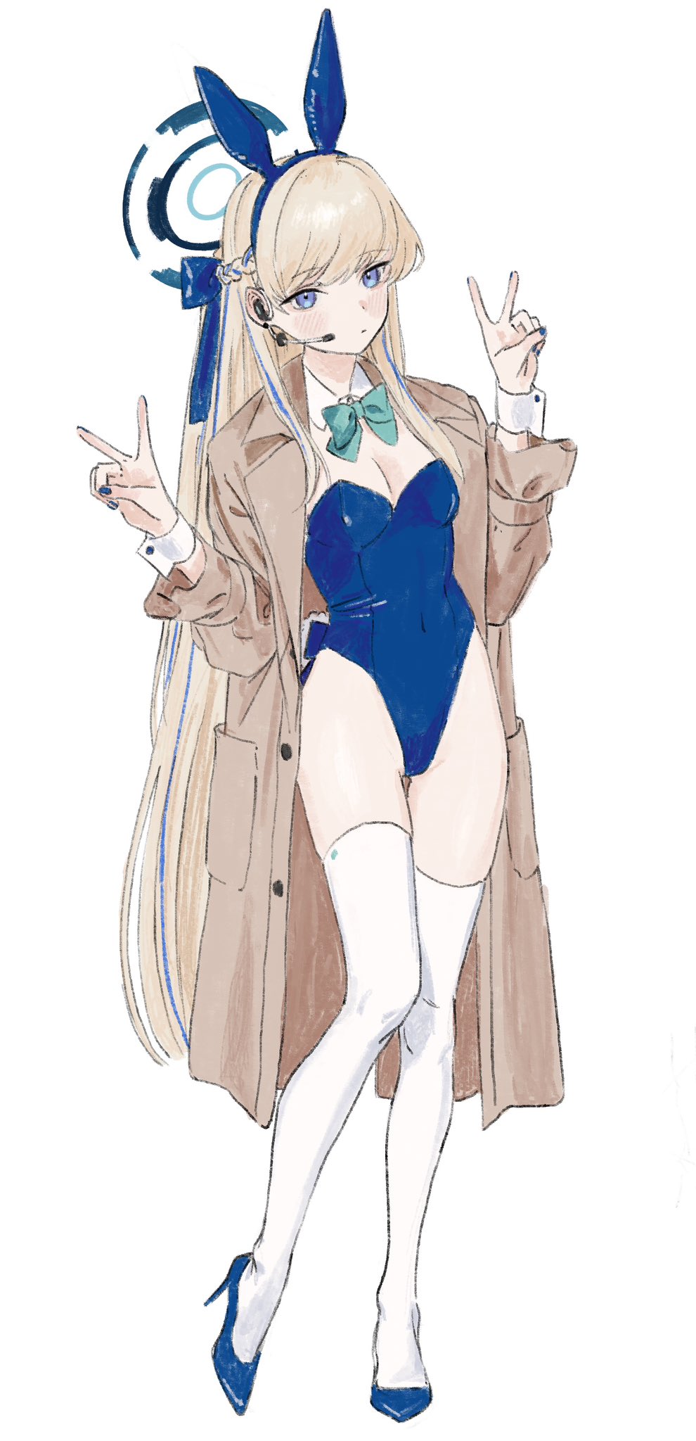 1girl animal_ears blonde_hair blue_archive blue_bow blue_eyes blue_footwear blue_hair blue_leotard blush bow bowtie breasts brown_coat coat detached_collar double_v fake_animal_ears full_body gomibako_(gomibako_price) headset high_heels highleg highleg_leotard highres leotard long_hair long_sleeves looking_at_viewer multicolored_hair open_clothes open_coat playboy_bunny rabbit_ears simple_background solo standing thighhighs toki_(blue_archive) toki_(bunny)_(blue_archive) v very_long_hair white_background white_thighhighs wrist_cuffs