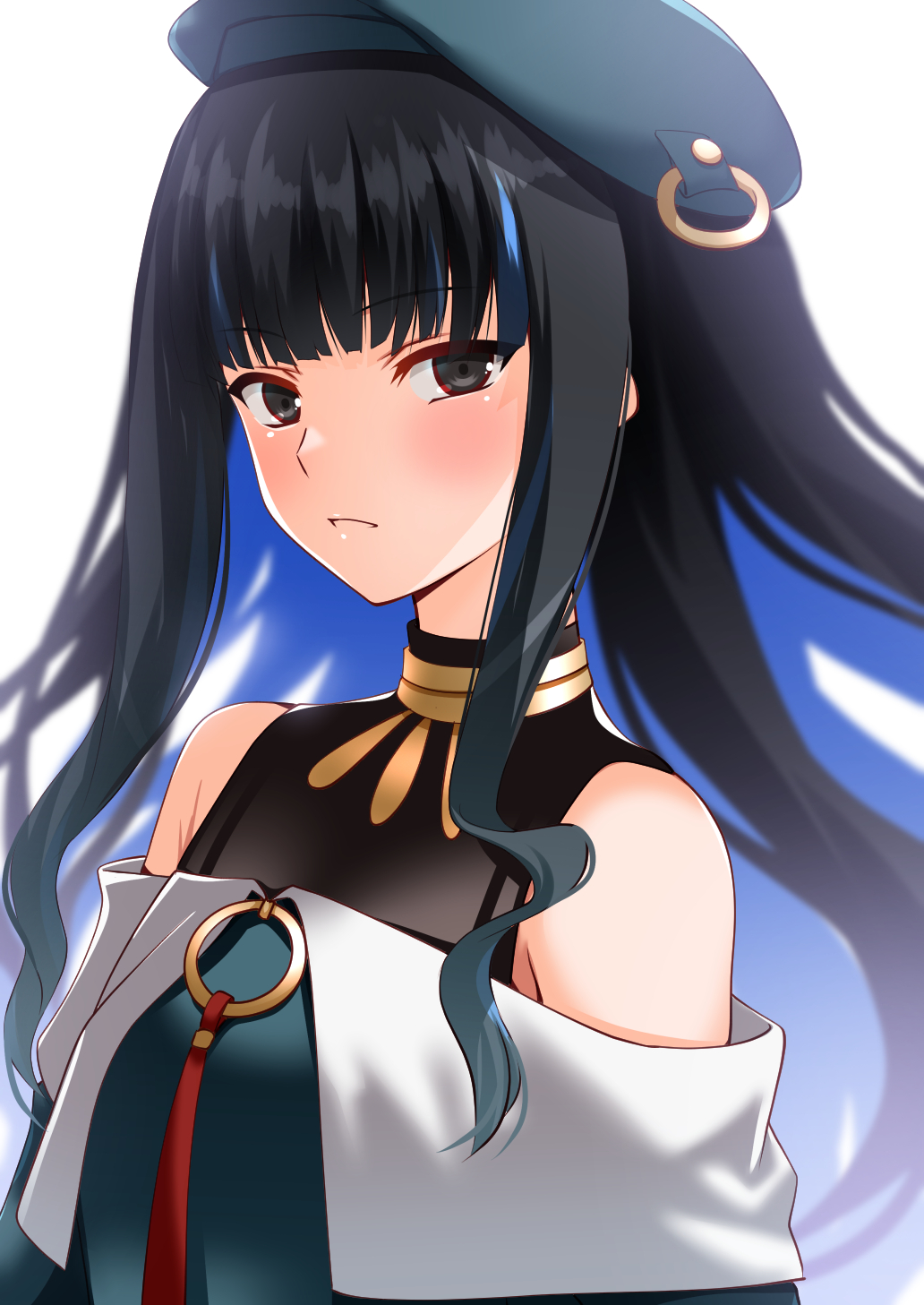 1girl bare_shoulders beret black_hair blue_hair breasts colored_inner_hair engo_(aquawatery) fate/grand_order fate_(series) green_headwear green_jacket grey_eyes hat highres jacket jewelry long_hair long_sleeves looking_at_viewer multicolored_hair neck_ring o-ring off_shoulder sidelocks small_breasts solo tenochtitlan_(fate) tenochtitlan_(second_ascension)_(fate) zipper