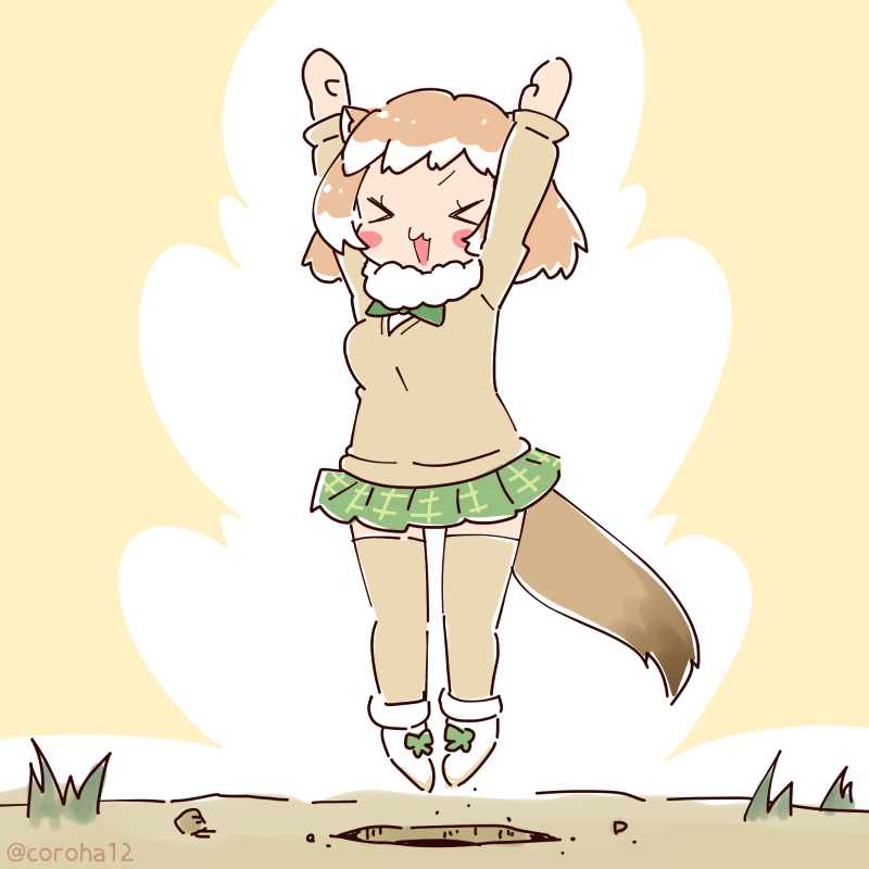 1girl animal_ears arms_up black-tailed_prairie_dog_(kemono_friends) bow bowtie brown_background brown_hair cardigan coroha extra_ears full_body jumping kemono_friends looking_at_viewer prairie_dog_girl scarf shoes short_hair simple_background skirt solo tail thighhighs
