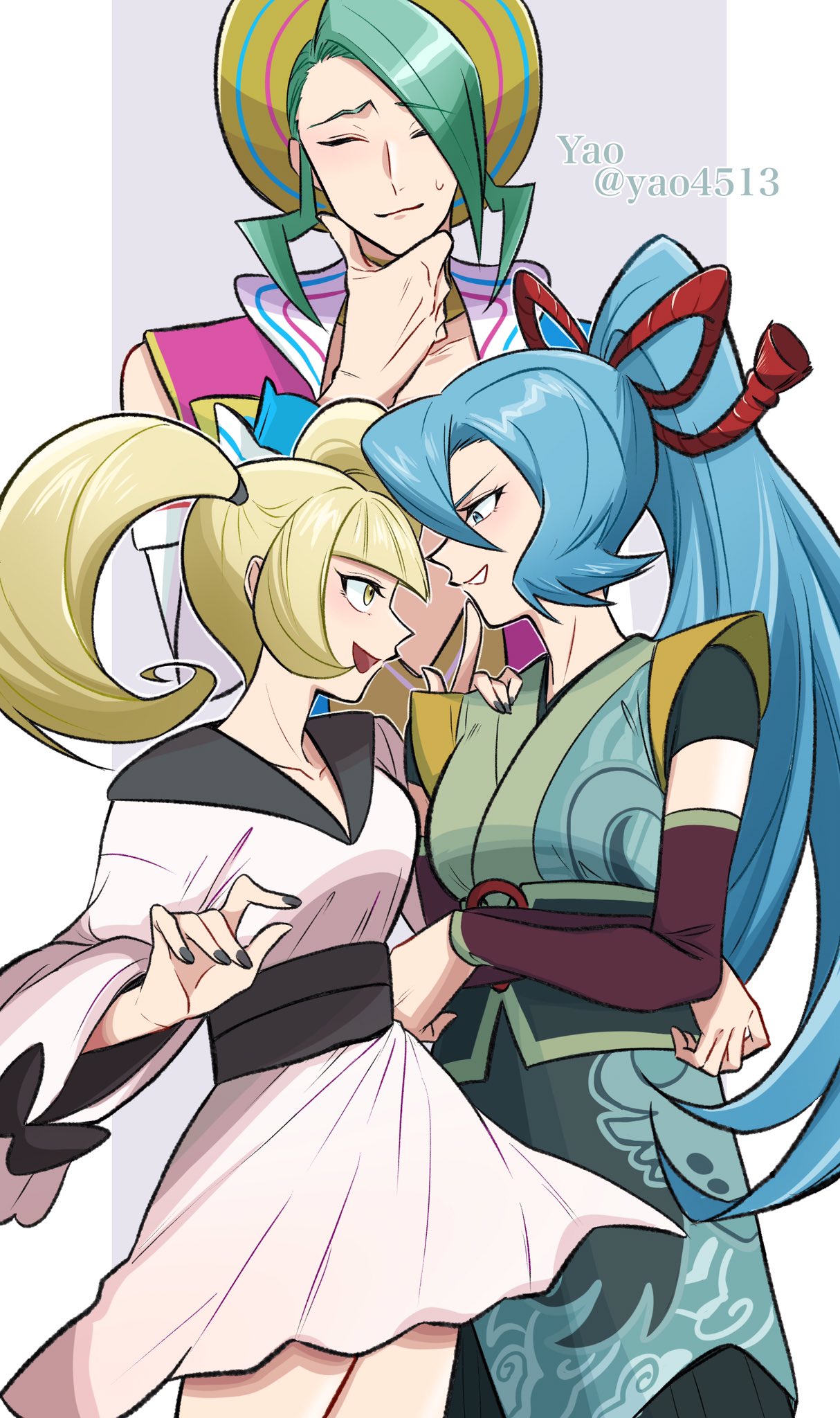 1boy 2girls aqua_hair artist_name blonde_hair blue_eyes clair_(new_year's_2024)_(pokemon) clair_(pokemon) closed_eyes closed_mouth collarbone commentary_request dress furisode_girl_katherine grey_background hair_between_eyes high_ponytail highres long_hair medium_hair multiple_girls official_alternate_costume open_mouth pillarboxed pokemon pokemon_masters_ex standing sweat teeth thinking twitter_username wallace_(new_year's_2024)_(pokemon) wallace_(pokemon) white_dress yao_(evep3835) yellow_eyes