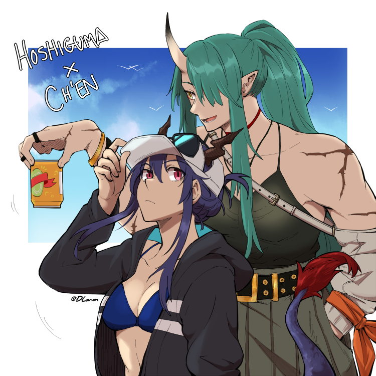 2girls arknights baseball_cap belt bikini black_belt black_shirt blue_bikini blue_hair breasts can ch'en_(arknights) ch'en_the_holungday_(arknights) character_name choker cleavage dlanon dragon_girl dragon_horns dragon_tail eyewear_on_headwear folded_ponytail fur-tipped_tail green_hair grey_skirt hair_between_eyes hair_over_one_eye hand_in_pocket hand_on_headwear hand_up hat height_difference holding holding_can hood hood_down hooded_jacket horns horns_through_headwear hoshiguma_(arknights) jacket looking_at_viewer medium_breasts multiple_girls one_eye_covered open_clothes open_jacket open_mouth pointy_ears ponytail red_choker scar_on_shoulder shirt shirt_tucked_in simple_bird single_horn skin-covered_horns skirt swimsuit tail white_headwear yellow_eyes