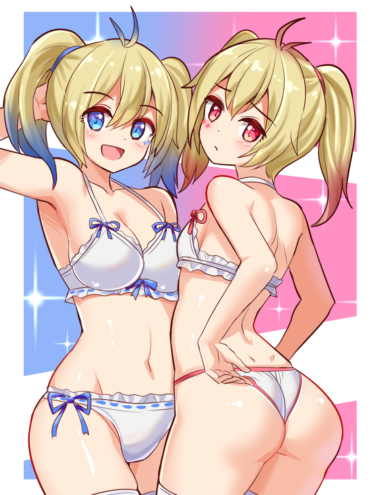2girls adjusting_clothes adjusting_panties arm_behind_back arm_up back blonde_hair blue_eyes blue_hair bow bow_bra bow_panties bra breasts cleavage closed_mouth commentary cougar_(cougar1404) eye_glitter frilled_bra frilled_panties frills from_behind gradient_hair groin hair_tie light_frown looking_at_viewer looking_back medium_breasts medium_hair multicolored_hair multiple_girls navel open_mouth original panties pink_eyes pink_hair siblings small_breasts smile standing string_panties thighhighs twins twintails underwear underwear_only white_bra white_panties white_thighhighs