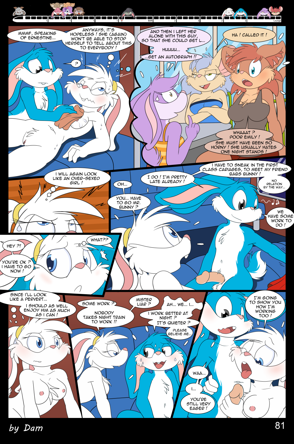 3_toes 4_fingers anthro babs_bunny breasts buster_bunny clothed clothing comic dam_(artist) dialogue english_text feet female fifi_la_fume fingers group hi_res lagomorph leporid male mammal mephitid plantigrade rabbit skunk speech_bubble text tiny_toon_adventures toes toons toony train vehicle warner_brothers