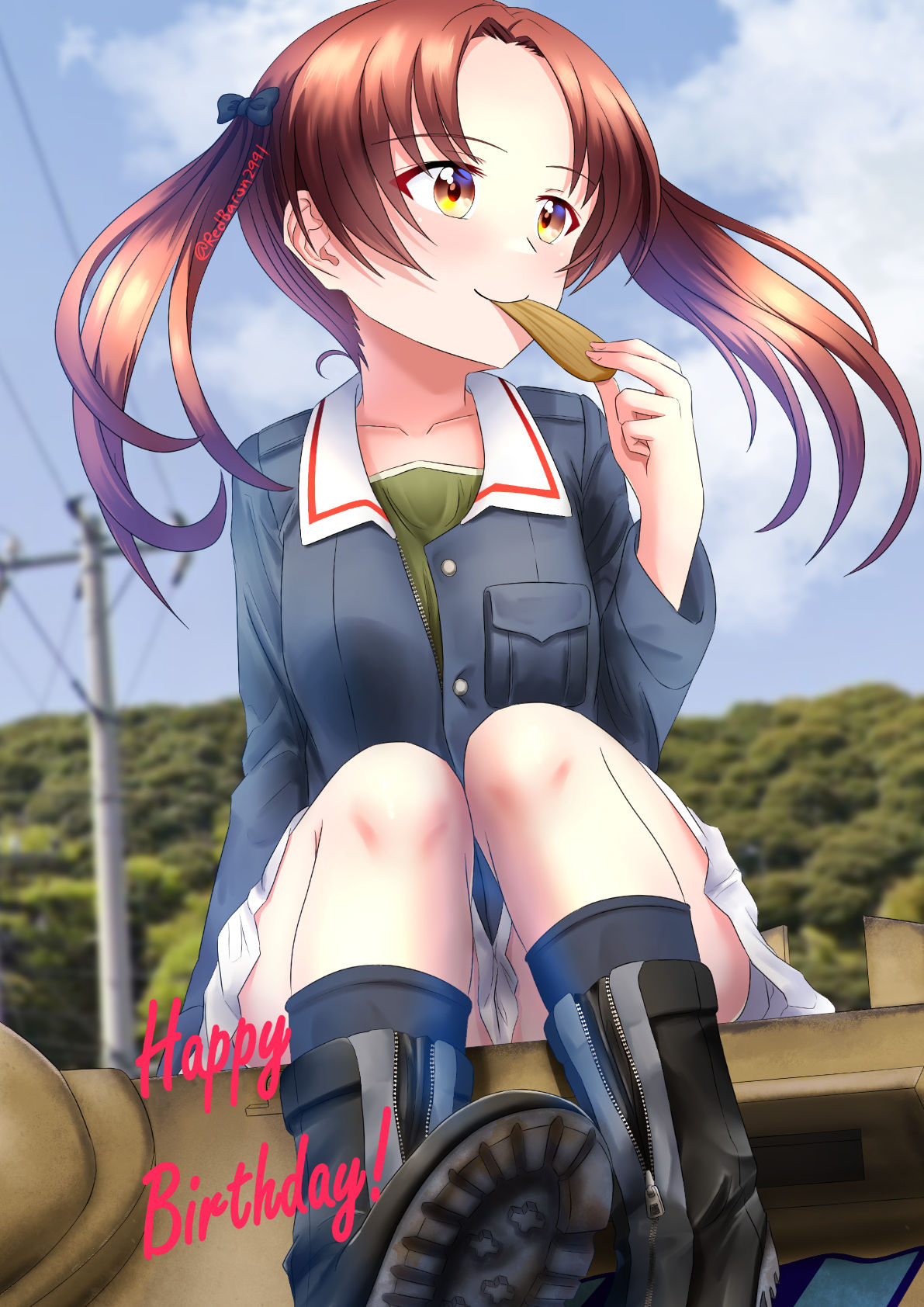 1girl black_bow black_footwear black_socks blue_jacket blue_sky boots bow brown_eyes brown_hair chips_(food) closed_mouth cloud cloudy_sky commentary day eating english_commentary food girls_und_panzer green_shirt hair_bow happy_birthday highres jacket kadotani_anzu kneehighs long_hair long_sleeves looking_to_the_side military_uniform military_vehicle miniskirt motor_vehicle on_vehicle ooarai_military_uniform outdoors parted_bangs partially_unbuttoned pleated_skirt potato_chips redbaron shirt sitting skirt sky smile socks solo tank twintails twitter_username uniform unzipped white_skirt wind zipper
