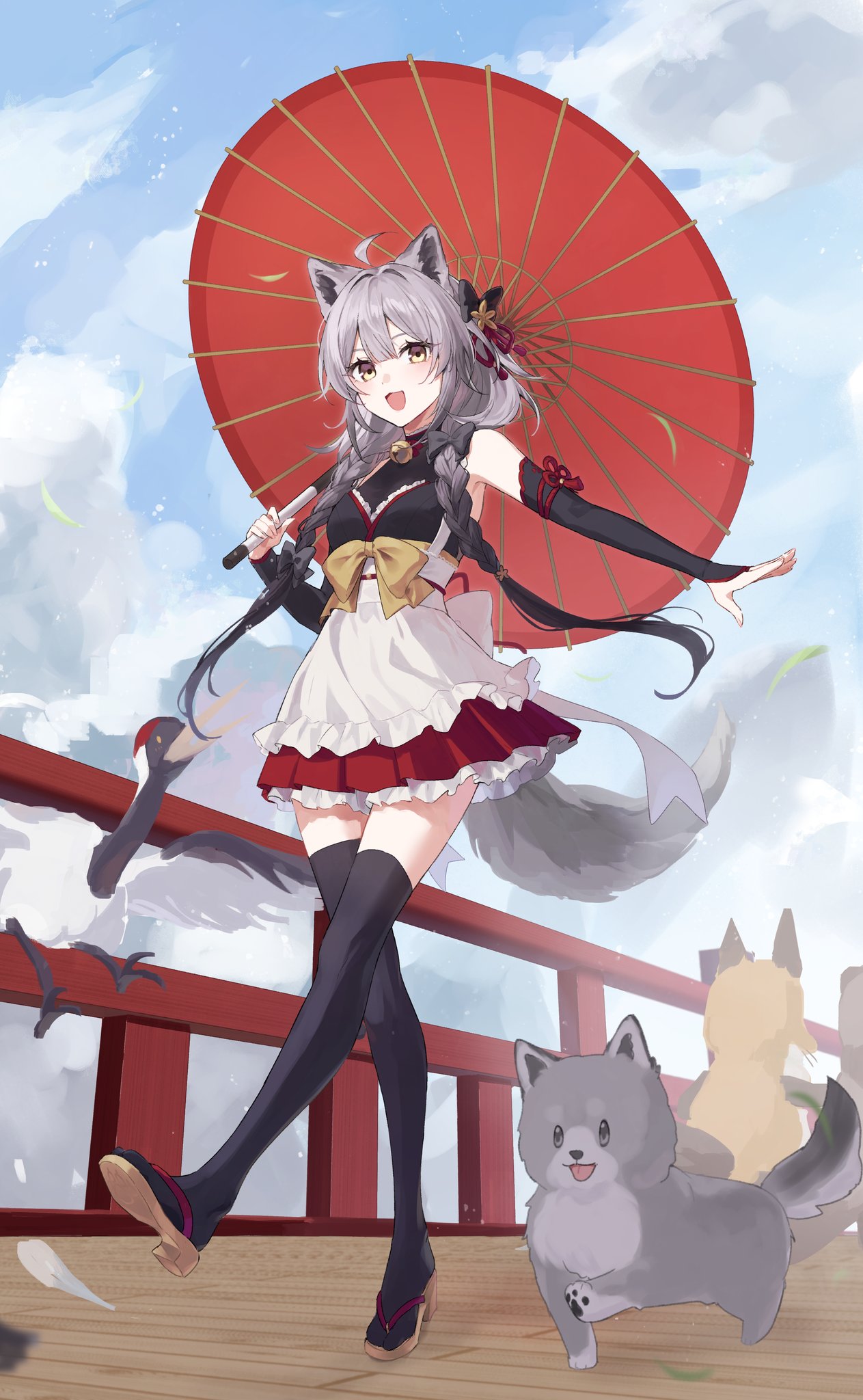 1girl animal_ears bird black_thighhighs blue_sky bow braid bridge check_copyright cloud copyright_request dog hair_bow hair_ornament highres holding holding_umbrella looking_at_viewer oil-paper_umbrella open_mouth original sky slippers smile solo tail thighhighs twin_braids umbrella walking yasaiseicat