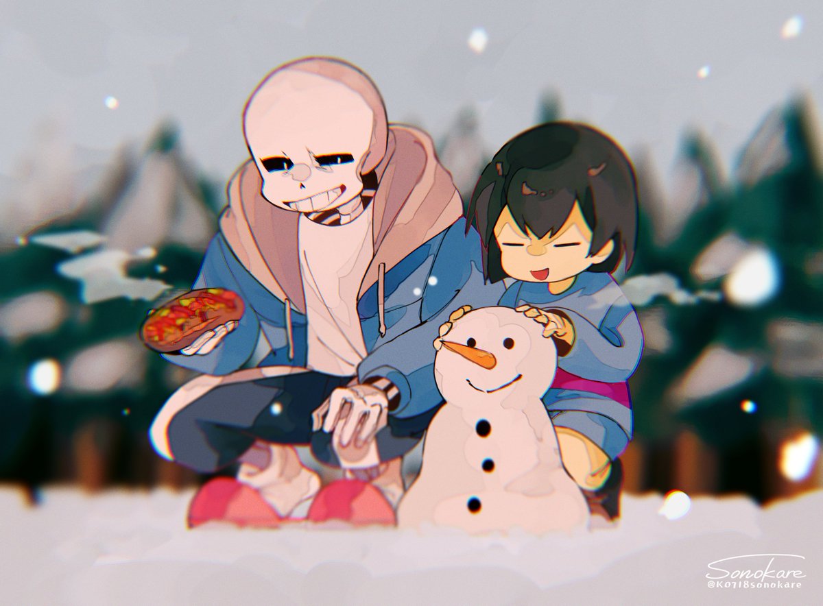 1boy 1other :d =_= androgynous artist_name black_hair black_sclera black_shorts blue_jacket blue_sweater blurry blurry_background closed_eyes colored_sclera commentary_request day drawstring food frisk_(undertale) full_body grin hand_on_own_knee holding holding_food hood hood_down hooded_jacket hot_dog jacket long_sleeves open_mouth outdoors pink_footwear sans shirt short_hair shorts signature skeleton slippers smile snow snowing snowman socks sonokare squatting sweater undertale white_eyes white_shirt white_socks winter