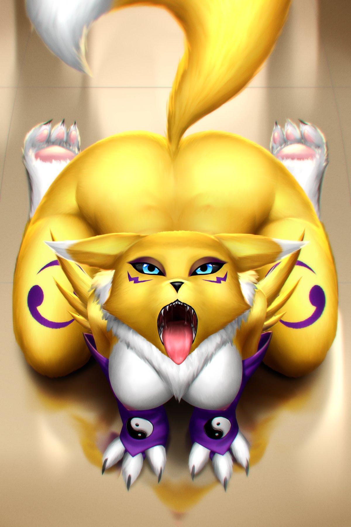 2021 3_fingers 3_toes anthro arm_support armwear armwear_only bandai_namco barefoot black_nose black_sclera blue_eyes bodily_fluids breasts butt canid canine claws clothing digimon digimon_(species) digital_media_(artwork) feet female finger_claws fingers fluffy_chest front_view fur fur_markings hi_res just_another_one kneeling kneeling_oral_position looking_at_viewer mammal markings nipples open_mouth pawpads paws pink_nipples pink_pawpads purple_markings renamon saliva saliva_string solo tail teeth thick_thighs toe_claws toes tongue tongue_out yellow_body yellow_fur