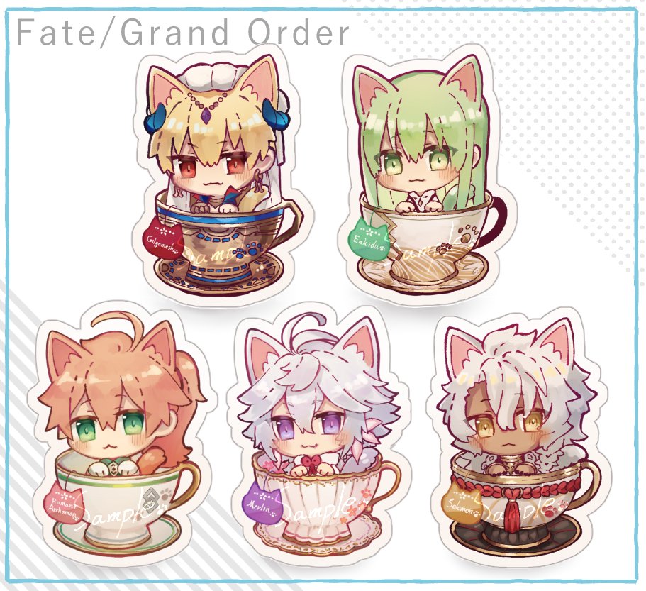 1other 4boys :3 ahoge animal_ear_fluff animal_ears blonde_hair blue_border blush border braid cat_boy cat_ears cat_other cat_tail chaldea_logo character_name chibi closed_mouth colored_eyelashes copyright_name cup dark-skinned_male dark_skin earrings enkidu_(fate) extra_ears fang fang_out fate/grand_order fate_(series) flower_earrings gilgamesh_(caster)_(fate) gilgamesh_(fate) gloves green_eyes green_hair grey_background hair_between_eyes horns in_container in_cup jewelry long_hair looking_at_viewer merlin_(fate) mini_person multiple_boys neck_ribbon nekohanemocha outline paw_print ponytail purple_eyes red_eyes red_ribbon ribbon robe romani_archaman sample_watermark saucer short_hair side_braid simple_background single_braid solomon_(fate) tail tassel teacup turban watermark white_gloves white_hair white_headwear white_outline white_robe yellow_eyes