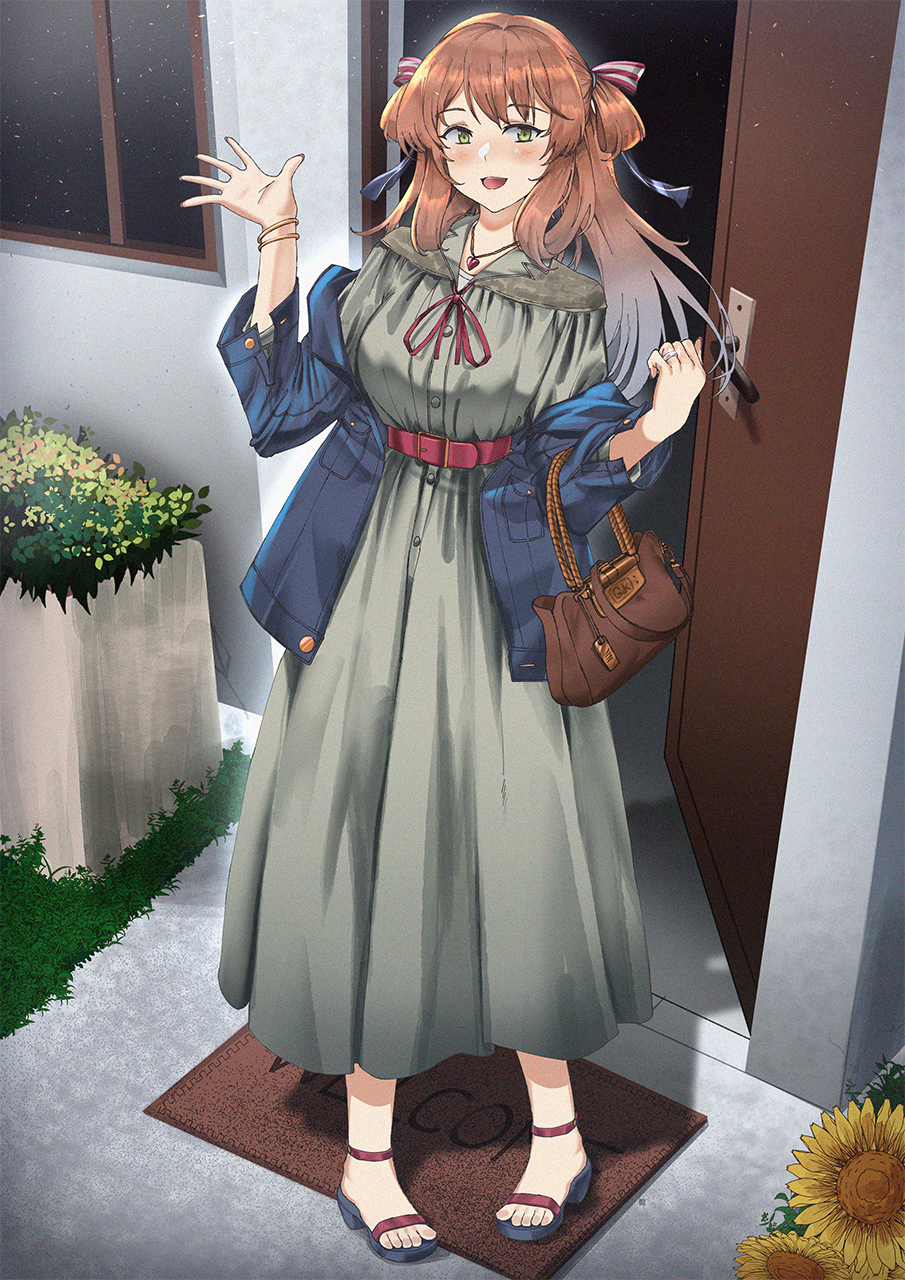 1girl alternate_costume arms_up bag belt blush breasts brown_bag brown_hair commission denim denim_jacket dress full_body girls'_frontline green_eyes grey_dress hair_ribbon hair_rings heart heart_necklace highres jacket jewelry long_hair necklace off_shoulder open_clothes open_jacket open_mouth persocon93 pixiv_commission red_belt red_ribbon ribbon ring smile solo springfield_(girls'_frontline) wedding_ring
