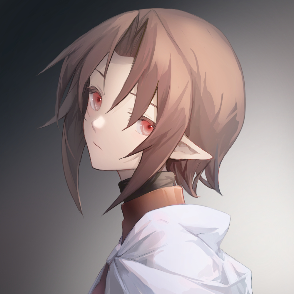 1girl asc_(sfhiro) brown_hair capelet closed_mouth expressionless gradient_background grey_background head_tilt hiro_(spectral_force) looking_at_viewer parted_bangs pointy_ears portrait red_eyes short_hair simple_background solo spectral_(series) spectral_force upper_body white_capelet