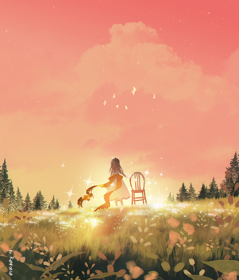 1girl artist_name bird bow brown_hair chair dress dress_bow english_commentary evening field original outdoors red_bow reinforced scenery sky solo sparkle star_(sky) starry_sky tree white_dress