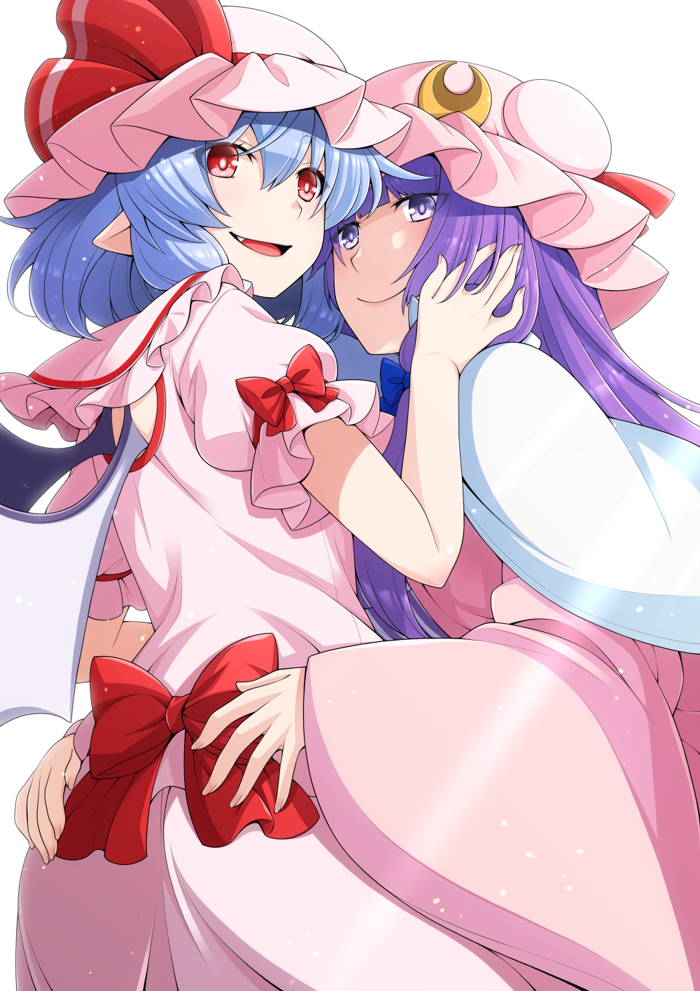 2girls blue_hair bow closed_mouth commentary_request dress dress_bow eichi_yuu fang hand_on_another's_cheek hand_on_another's_face hat hat_ribbon highres long_hair looking_at_viewer mob_cap multiple_girls open_mouth patchouli_knowledge pink_dress pointy_ears purple_eyes purple_hair red_bow red_eyes red_ribbon remilia_scarlet ribbon short_hair short_sleeves simple_background smile touhou white_background wide_sleeves