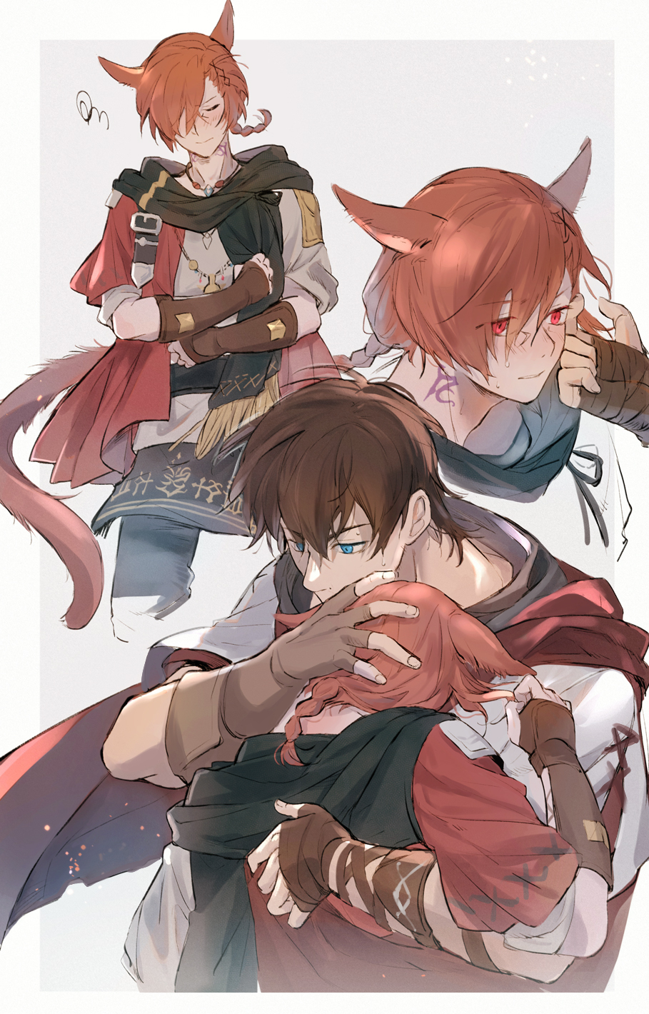 2boys adventurer_(ff14) animal_ears black_pants black_scarf blue_eyes blush border braid braided_ponytail brown_gloves brown_hair cape cat_boy cat_ears cat_tail closed_eyes comforting commentary cropped_legs cropped_torso elbow_gloves embarrassed english_commentary facial_mark final_fantasy final_fantasy_xiv fingerless_gloves from_side g'raha_tia gloves grey_background grey_shirt hair_ornament hair_over_one_eye hand_on_another's_back hand_on_another's_face hand_on_another's_head head_on_chest highres hug hyur jacket jewelry male_focus mid.m miqo'te multiple_boys multiple_views neck_tattoo outside_border pants pendant red_cape red_eyes red_hair red_jacket scarf shirt short_hair short_ponytail shoulder_belt simple_background single_braid squiggle standing swept_bangs tail tattoo warrior_of_light_(ff14) white_border x_hair_ornament yaoi