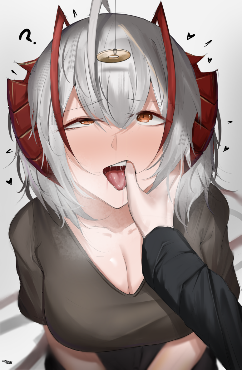 1girl 1other ? ahoge antenna_hair arknights artist_name bed_sheet blurry blush breasts breath brown_shirt cleavage commentary_request demon_girl demon_horns dyed_ahoge eroborne eyelashes facing_viewer finger_in_another's_mouth from_above gradient_background grey_background grey_hair hair_between_eyes half-closed_eye hand_on_another's_cheek hand_on_another's_face heart horns hypnosis large_breasts long_sleeves looking_at_object looking_up mind_control nose_blush official_alternate_costume on_bed open_mouth orange_eyes pendulum pov pov_hands red_horns rolling_eyes saliva shadow shirt short_hair short_sleeves signature sitting slit_pupils solo_focus steam t-shirt teeth tongue tongue_out upper_body upper_teeth_only v-neck w_(arknights) w_(fugue)_(arknights)
