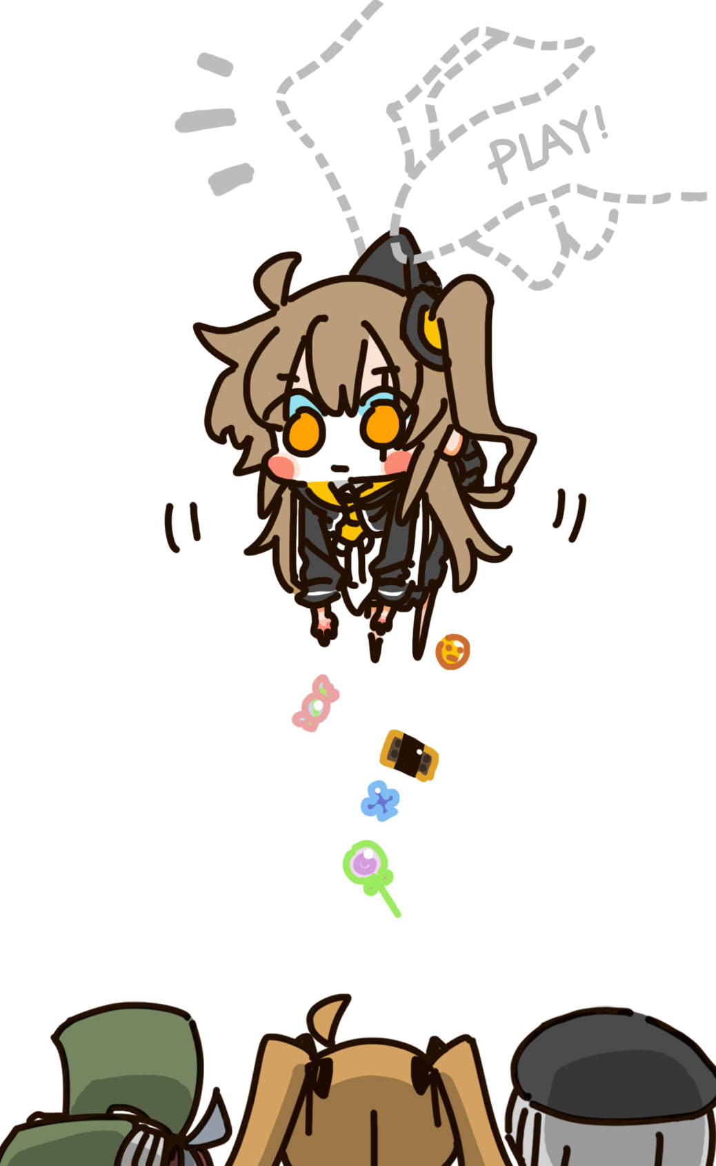 404_(girls'_frontline) 4girls ahoge beret black_headwear black_jacket black_ribbon blush_stickers brown_hair candy candy_wrapper chibi chibi_only chinese_commentary closed_mouth commentary_request disembodied_limb dotted_line dropping expressionless food full_body g11_(girls'_frontline) gameplay_mechanics girls'_frontline green_headwear grey_hair hair_between_eyes hair_ribbon hat held_up highres hk416_(girls'_frontline) invisible_man jacket lifting_person lollipop long_hair long_sleeves multiple_girls notice_lines one_side_up picking_up ribbon scar scar_across_eye shirt simple_background su_xiao_jei suspension twintails ump45_(girls'_frontline) ump9_(girls'_frontline) white_background white_shirt yellow_eyes