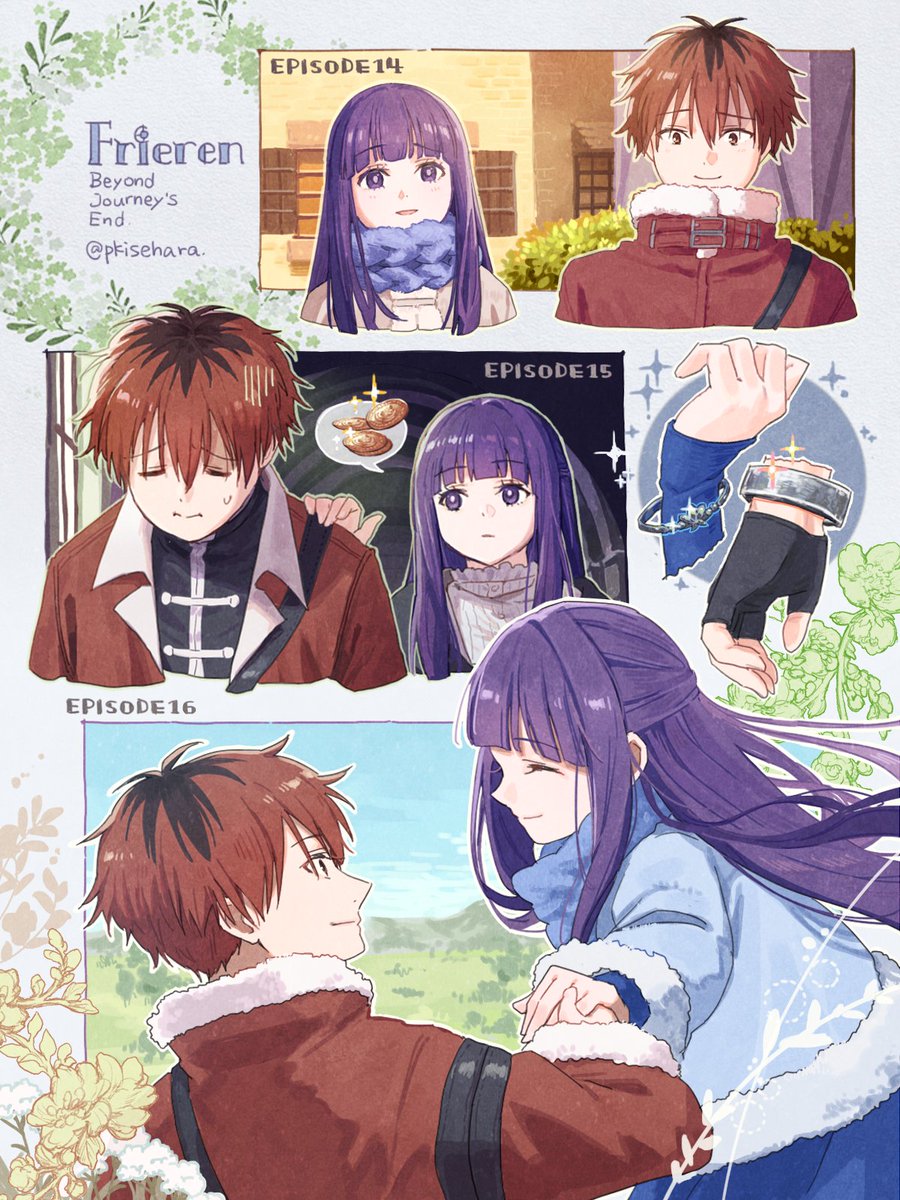 black_coat blunt_bangs blush bracelet closed_eyes closed_mouth coat collar dress fern_(sousou_no_frieren) flower frilled_collar frills hetero highres holding_hands jewelry multicolored_hair official_style open_mouth pjkuasu purple_hair purple_pupils red_hair roots_(hair) scene_reference smile sousou_no_frieren stark_(sousou_no_frieren) straight_hair sweat white_dress