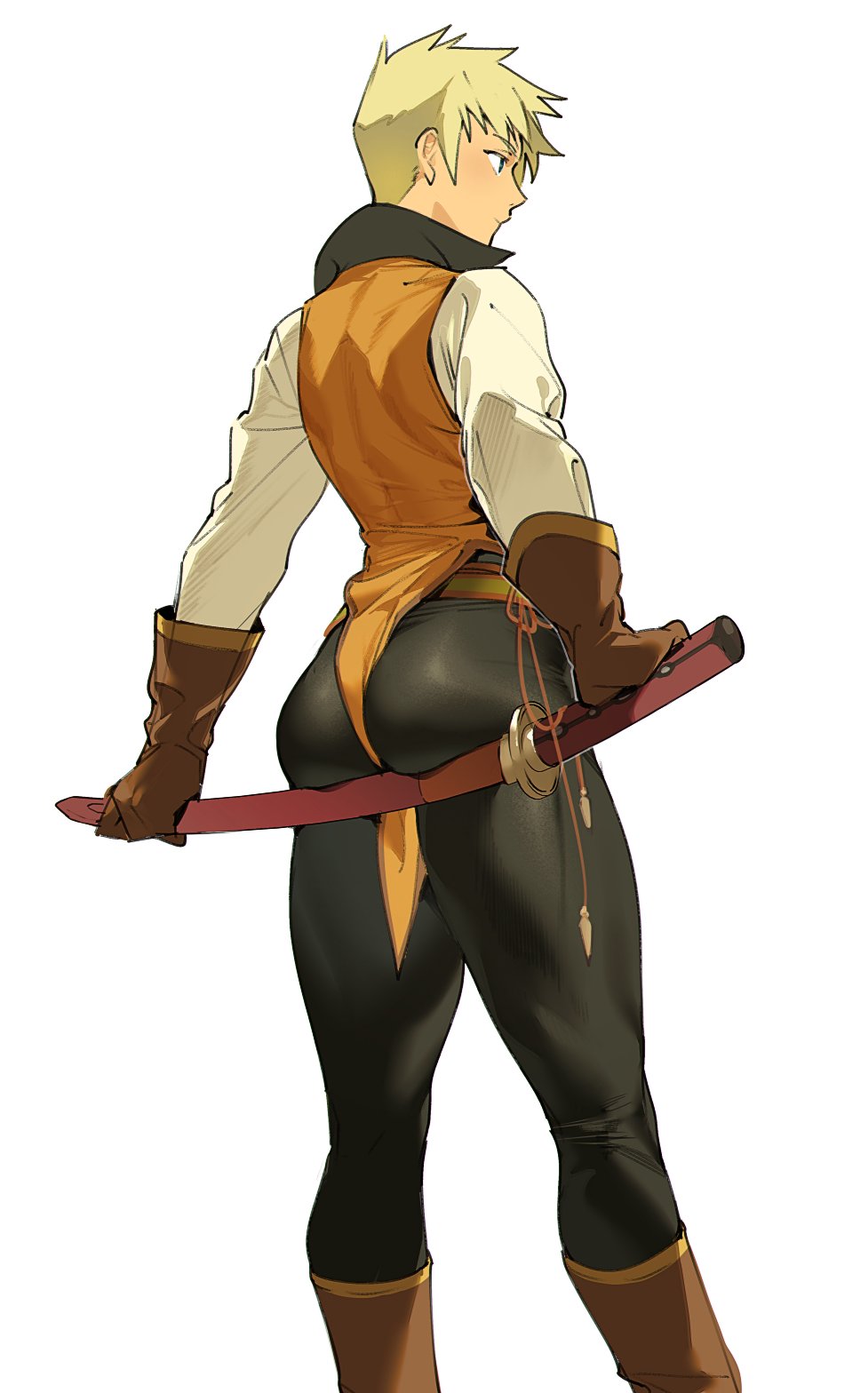 1boy ass back black_pants blonde_hair blue_eyes boots brown_gloves closed_mouth gloves guy_cecil highres holding holding_sheath male_focus oekakixx orange_vest pants sheath shirt short_hair simple_background solo tales_of_(series) tales_of_the_abyss vest white_background white_shirt