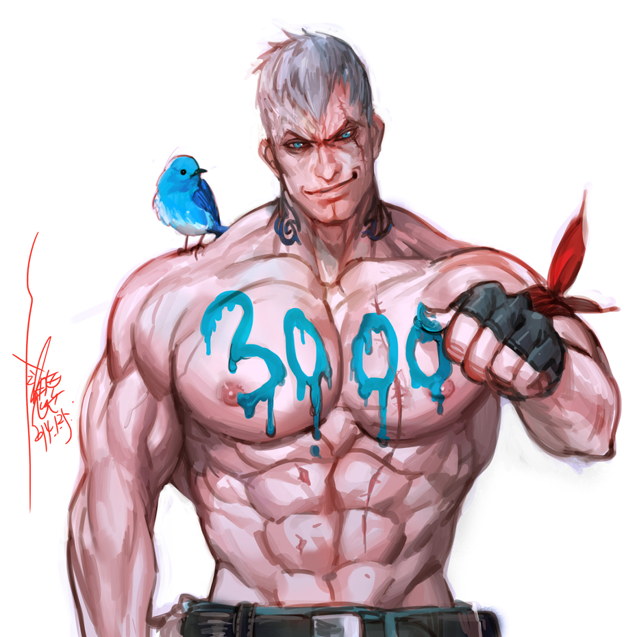1boy abs animal_on_shoulder bara belt bird bird_on_shoulder blue_bird bryan_fury clenched_hand clothes_writing head_tilt large_pectorals looking_at_viewer male_focus mature_male milestone_celebration muscular muscular_male navel nipples pectorals short_hair sideburns smile solo tekken topless_male twitter_bird upper_body white_hair yi_lee