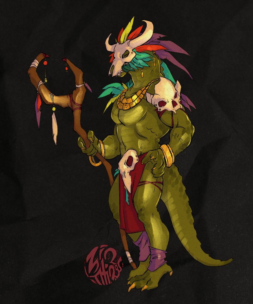 abs anthro biceps bone bottomwear clothing lihzahrd lizard loincloth male mask muscular muscular_anthro muscular_male pecs reptile scales scalie skull skull_mask solo staff terraria witch_doctor_(terraria) zinthings