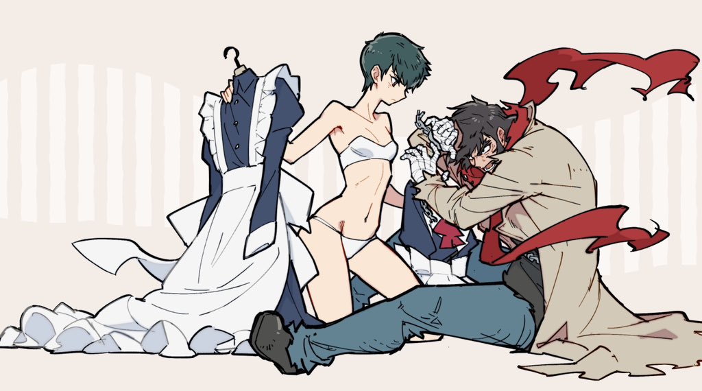 1boy 1girl apron bandaged_hand bandages between_legs black_dress black_footwear black_hair black_shirt blue_pants bra breasts broken_handcuffs brown_coat chain clothes_hanger coat covering_face dress frilled_dress frills genderswap genderswap_(mtf) getter_robo gou_saotome green_hair hanahiyo_(hoimin) holding holding_clothes hunched_over kneeling long_dress maid maid_apron nagare_ryoma navel panties pants partially_undressed red_scarf scarf shin_getter_robo shirt short_hair shorts sideburns sitting small_breasts sweat torn_clothes torn_coat torn_pants torn_scarf torn_shorts trench_coat underwear white_apron white_bra white_panties white_wrist_cuffs