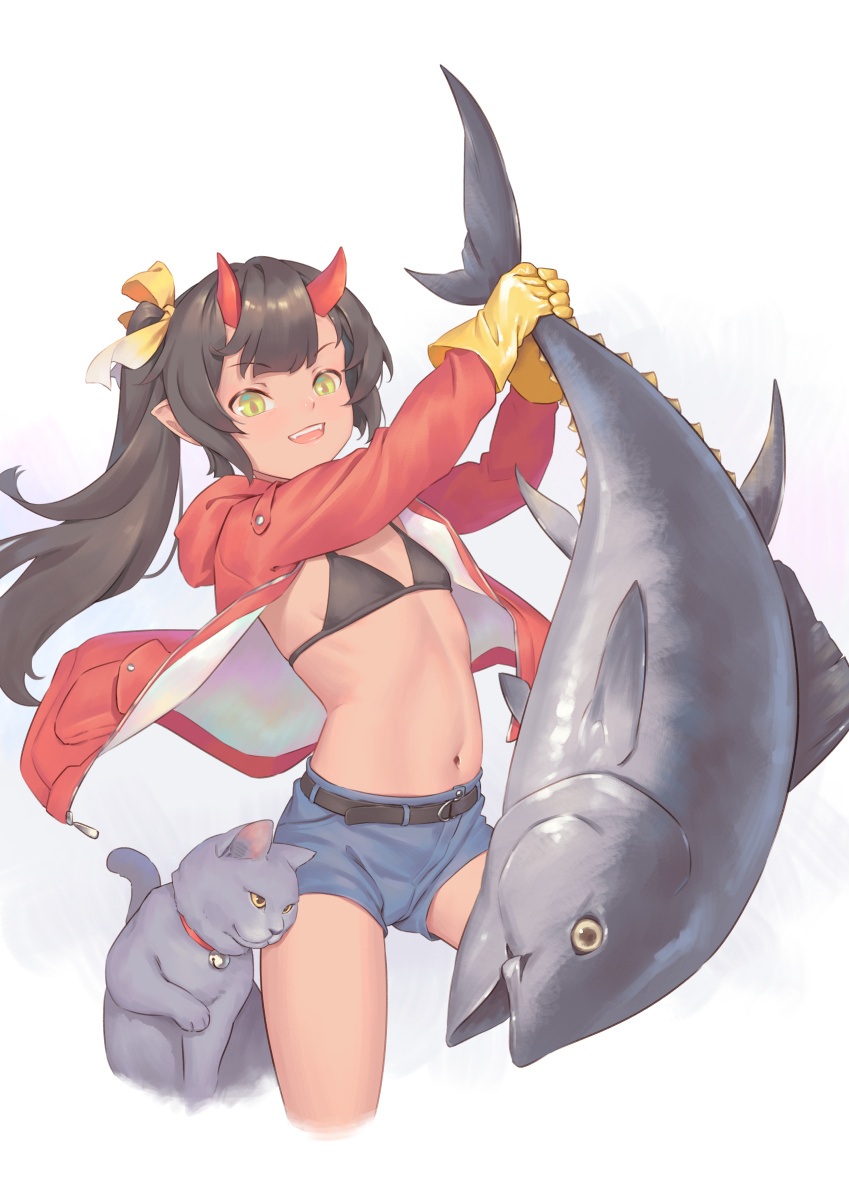1girl animal animal_ears belt bigrbear bikini black_belt black_bikini black_hair blue_shorts breasts cat chinese_commentary commentary_request fish gloves gradient_background green_eyes grey_background hair_ribbon highres holding holding_animal holding_fish horns jacket long_sleeves looking_at_viewer oni oni_horns open_mouth original pointy_ears red_horns red_jacket ribbon shorts small_breasts smile solo swimsuit teeth upper_teeth_only yellow_gloves yellow_ribbon