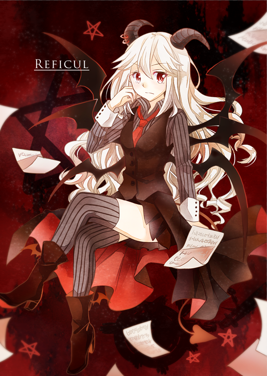 1girl black_skirt boots character_name closed_mouth colored_skin demon_girl demon_horns demon_tail demon_wings flying_paper funamusea grey_suit grey_thighhighs haiiro_teien hexagram horn_piercing horns long_hair multiple_wings paper pentagram pleated_skirt red_background red_eyes red_footwear reficul_(haiiro_teien) sitting skirt solo star_(symbol) star_of_david striped striped_suit striped_thighhighs suit tail thighhighs white_hair white_skin wings yi_xuan_(syuanishen)