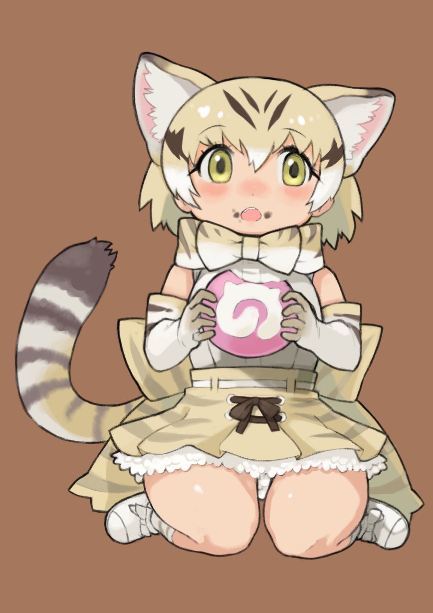 1girl animal_ears blonde_hair bow bowtie brown_background cat_ears cat_girl cat_tail eating elbow_gloves extra_ears food gloves green_eyes highres japari_bun kemono_friends looking_at_viewer rinx sand_cat_(kemono_friends) shirt shoes short_hair simple_background skirt sleeveless sleeveless_shirt solo tail