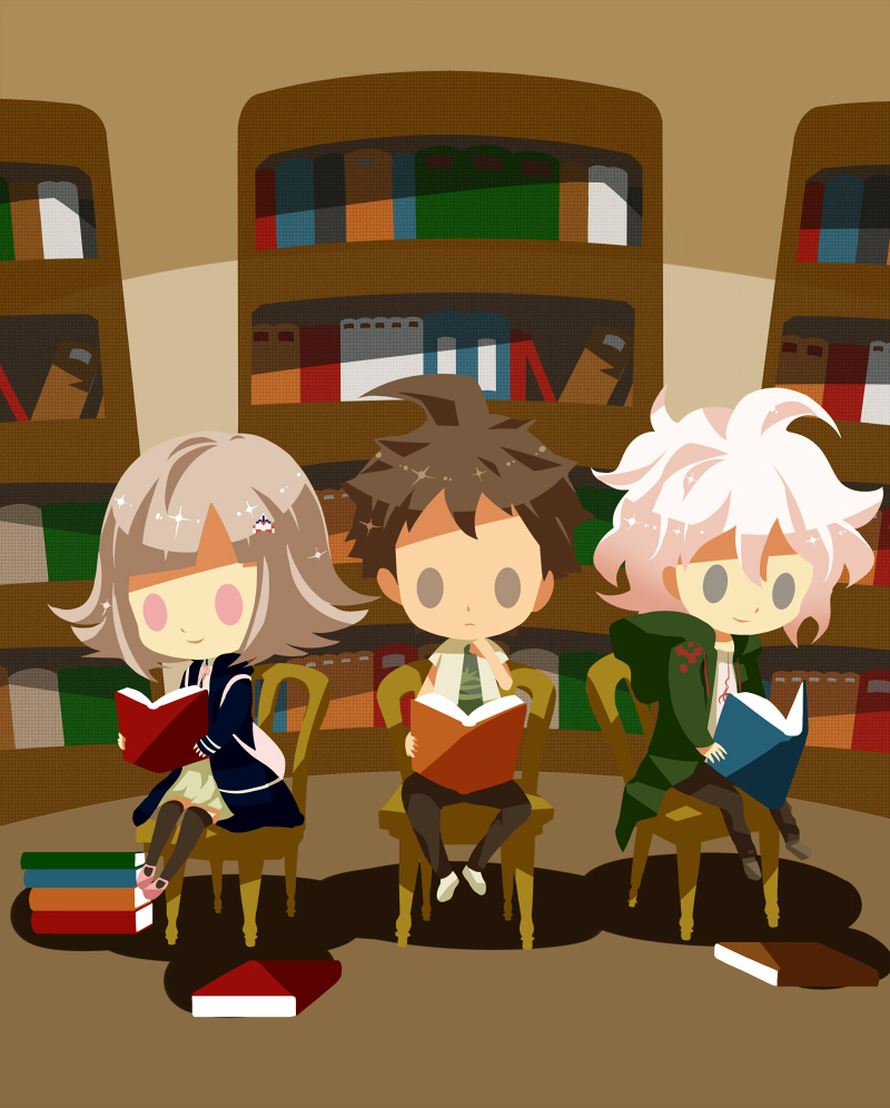 1girl 2boys ahoge backpack bag black_coat black_thighhighs book book_stack bookshelf brown_footwear brown_hair brown_pants chair closed_mouth coat danganronpa_(series) danganronpa_2:_goodbye_despair green_coat green_necktie grey_eyes hair_ornament hinata_hajime hitofutarai holding holding_book indoors komaeda_nagito library multiple_boys nanami_chiaki necktie on_chair pants pink_footwear reading shirt short_hair sitting skirt solid_oval_eyes thighhighs thinking white_footwear white_hair white_shirt white_skirt