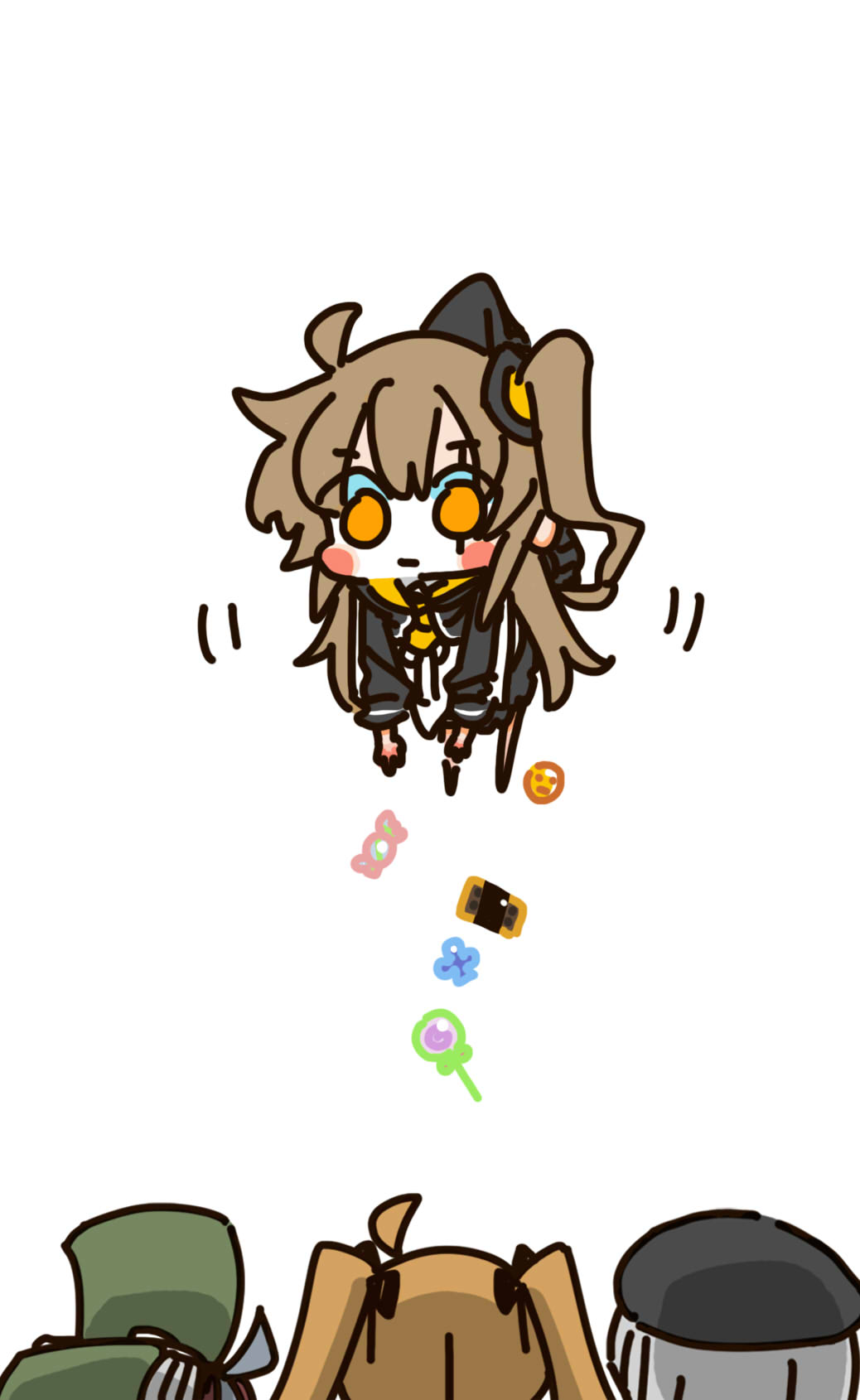 404_(girls'_frontline) 4girls ahoge beret black_headwear black_jacket black_ribbon blush_stickers brown_hair candy candy_wrapper chibi chibi_only chinese_commentary closed_mouth commentary_request dropping expressionless food full_body g11_(girls'_frontline) gameplay_mechanics girls'_frontline green_headwear grey_hair hair_between_eyes hair_ribbon hat held_up highres hk416_(girls'_frontline) jacket lifting_person lollipop long_hair long_sleeves multiple_girls one_side_up picking_up ribbon scar scar_across_eye shirt simple_background su_xiao_jei suspension twintails ump45_(girls'_frontline) ump9_(girls'_frontline) white_background white_shirt yellow_eyes