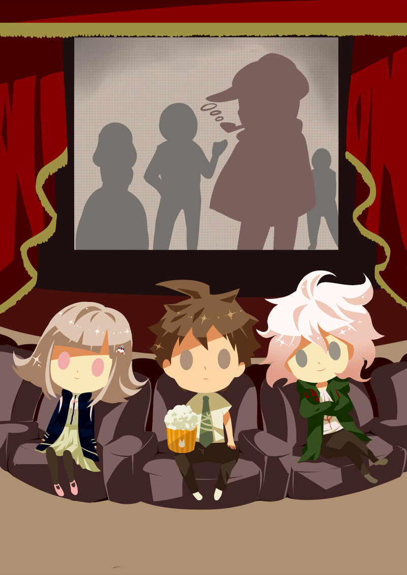 1girl 2boys brown_hair brown_pants chair chibi crossed_arms crossed_legs danganronpa_(series) danganronpa_2:_goodbye_despair food green_jacket green_necktie hand_on_own_leg hinata_hajime hitofutarai jacket komaeda_nagito looking_at_screen movie_theater multiple_boys nanami_chiaki necktie pants pink_eyes pink_footwear popcorn red_curtains sherlock_holmes shirt shoes short_sleeves silhouette sitting skirt smoking_pipe the_adventures_of_sherlock_holmes watching_television white_footwear white_hair white_shirt white_skirt