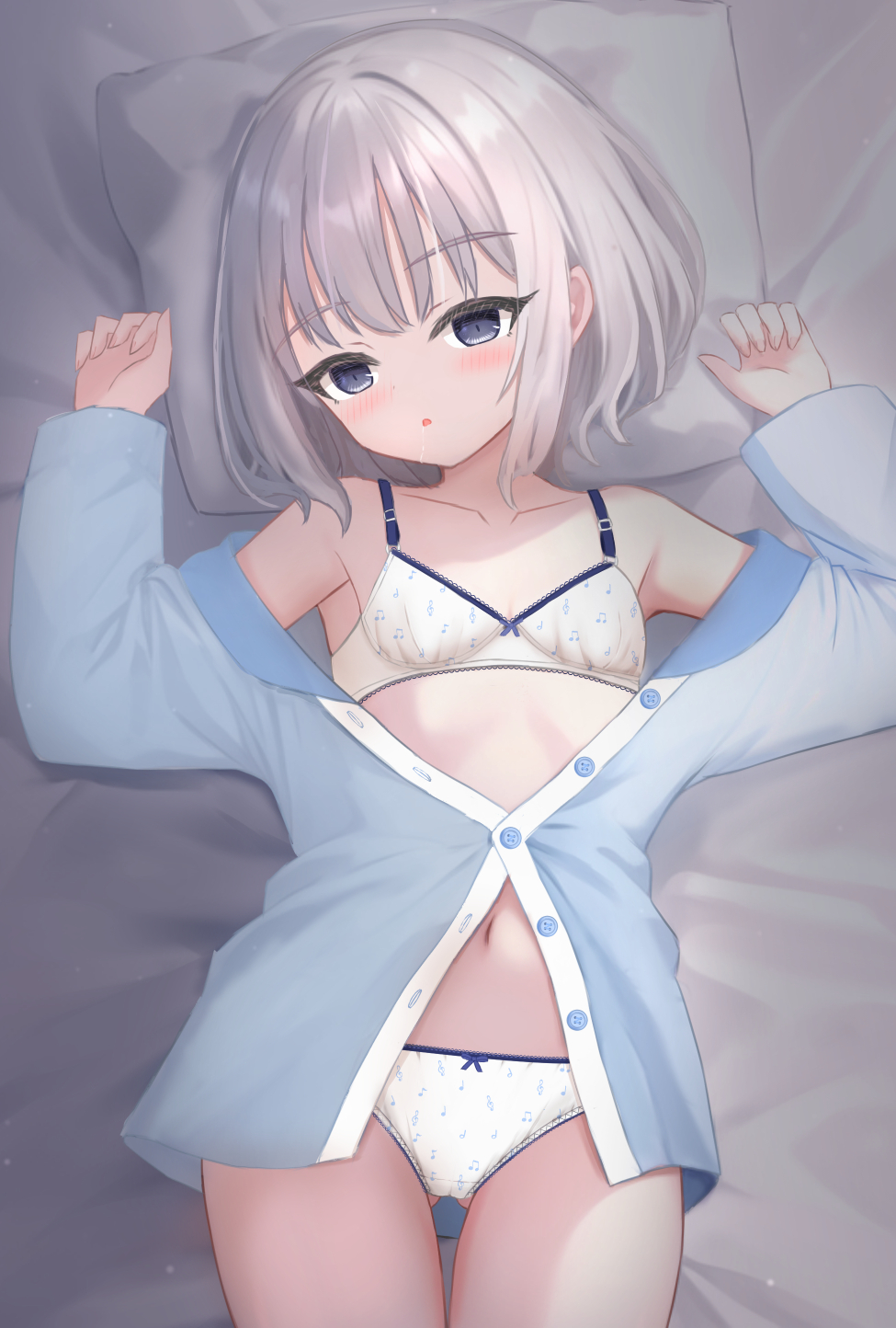 1girl arms_up ass_visible_through_thighs bed_sheet blue_shirt bob_cut bow bow_bra bow_panties bra breasts commentary crotch_seam from_above grey_eyes grey_hair half-closed_eyes highres lace-trimmed_bra lace-trimmed_panties lace_trim long_sleeves looking_at_viewer lying navel no_pants on_back on_bed open_clothes original pajamas panties parted_lips partially_unbuttoned pillow print_bra print_panties shirt shooko small_breasts solo thigh_gap underwear white_panties