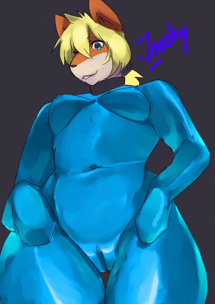 2016 anthro black_background black_collar blonde_hair blue_eyes blue_rubber blue_rubber_suit bodysuit breasts camel_toe canid canine clothing collar female fox fur genitals hair hi_res janice_brooks jooshy latex latex_clothing looking_at_viewer looking_down mammal medium_breasts nipple_outline orange_body orange_fur pussy rubber rubber_clothing rubber_suit simple_background skinsuit solo standing tight_clothing