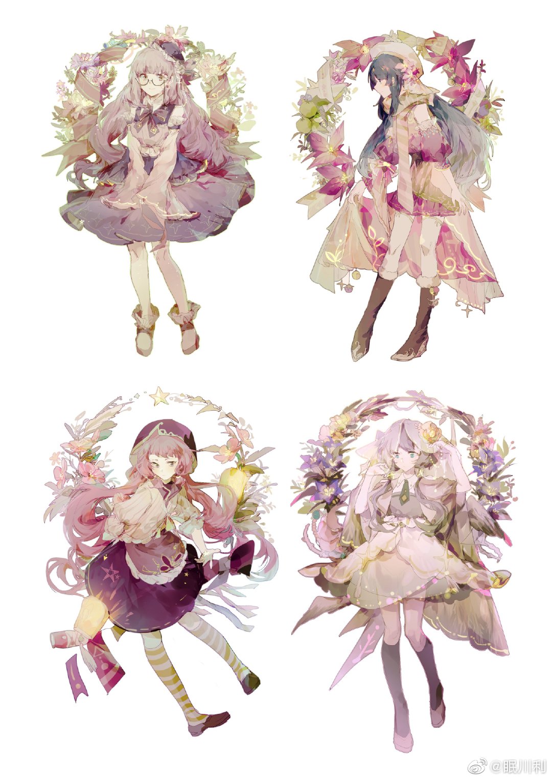 4girls apron banner bare_legs bare_shoulders beckoning beret black-framed_eyewear black_coat black_hair black_socks blue_eyes boots bow bowtie brown_footwear brown_hair cape cape_hold cardigan chinese_commentary circle_skirt closed_mouth coat collared_shirt commentary_request crescent daisy detached_sleeves earrings expressionless floral_print flower flower_request frilled_apron frilled_boots frilled_cardigan frilled_hat frilled_skirt frilled_vest frills from_side full_body fur-trimmed_boots fur_trim glasses gradient_hair gradient_sleeves green_eyes green_necktie green_scarf green_socks grey_cape grey_eyes grey_skirt grey_vest hair_flower hair_ornament hand_on_headwear hat high_heel_boots high_heels highres jewelry lantern layered_skirt leaf_print lobelia_(saclia) long_hair long_sleeves looking_at_viewer low_twintails medium_skirt mini_hat miniskirt multicolored_hair multiple_girls necktie orange_flower original outstretched_hand over-kneehighs pansy pink_apron pink_bow pink_cape pink_flower pink_shirt pink_skirt pink_sleeves puffy_short_sleeves puffy_sleeves purple_bow purple_bowtie purple_flower purple_hair purple_headwear purple_skirt purple_sleeves purple_vest scarf shirt shoes short_hair short_sleeves simple_background skirt skirt_set sleeveless sleeveless_shirt sleeves_past_elbows sleeves_past_fingers sleeves_past_wrists smile socks star_(sky) star_(symbol) star_print striped striped_scarf striped_socks thighhighs twintails two-sided_cape two-sided_fabric two-tone_socks very_long_hair vest waist_apron watermark weibo_logo weibo_username white_background white_cape white_cardigan white_footwear white_headwear white_shirt white_socks white_thighhighs white_veil wide_sleeves wrist_bow zettai_ryouiki