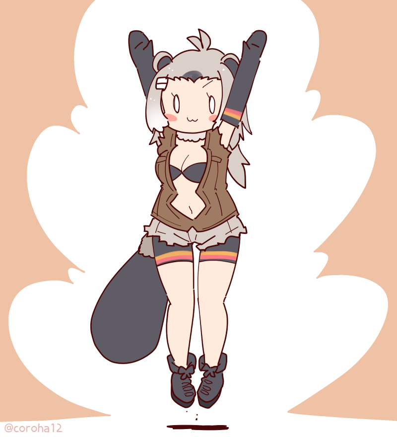 1girl american_beaver_(kemono_friends) animal_ears arms_up beaver_ears beaver_tail bra brown_background coroha elbow_gloves extra_ears full_body gloves grey_hair jacket jumping kemono_friends leggings long_hair looking_at_viewer navel shoes shorts simple_background solo tail underwear