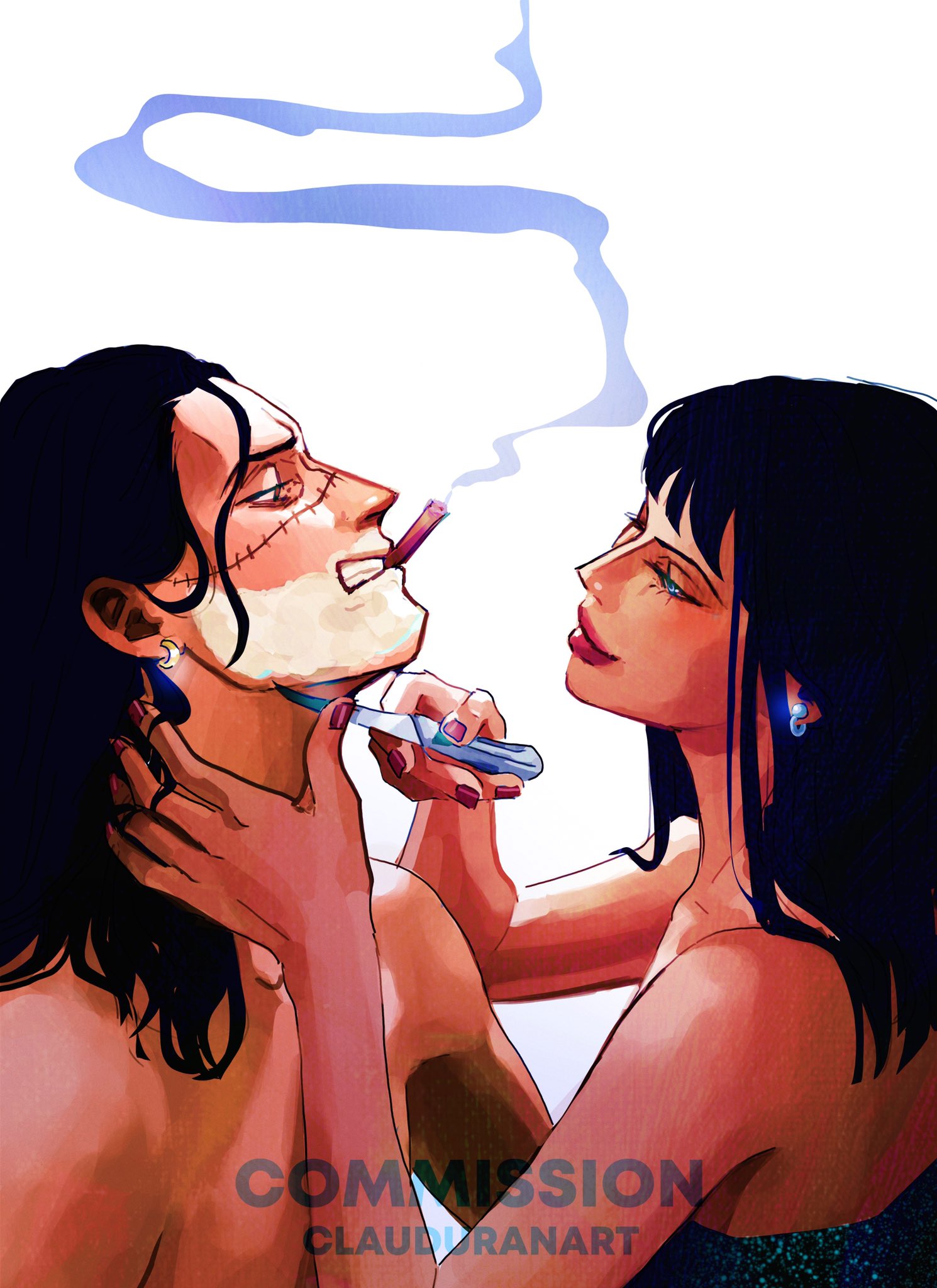 1boy 1girl artist_name black_hair blue_eyes blunt_bangs cigar clauduranart commission crocodile_(one_piece) earrings english_commentary facing_another highres holding holding_another's_head holding_knife jewelry knife looking_at_another medium_hair nico_robin one_piece profile simple_background smile smoke stitched_face stitches