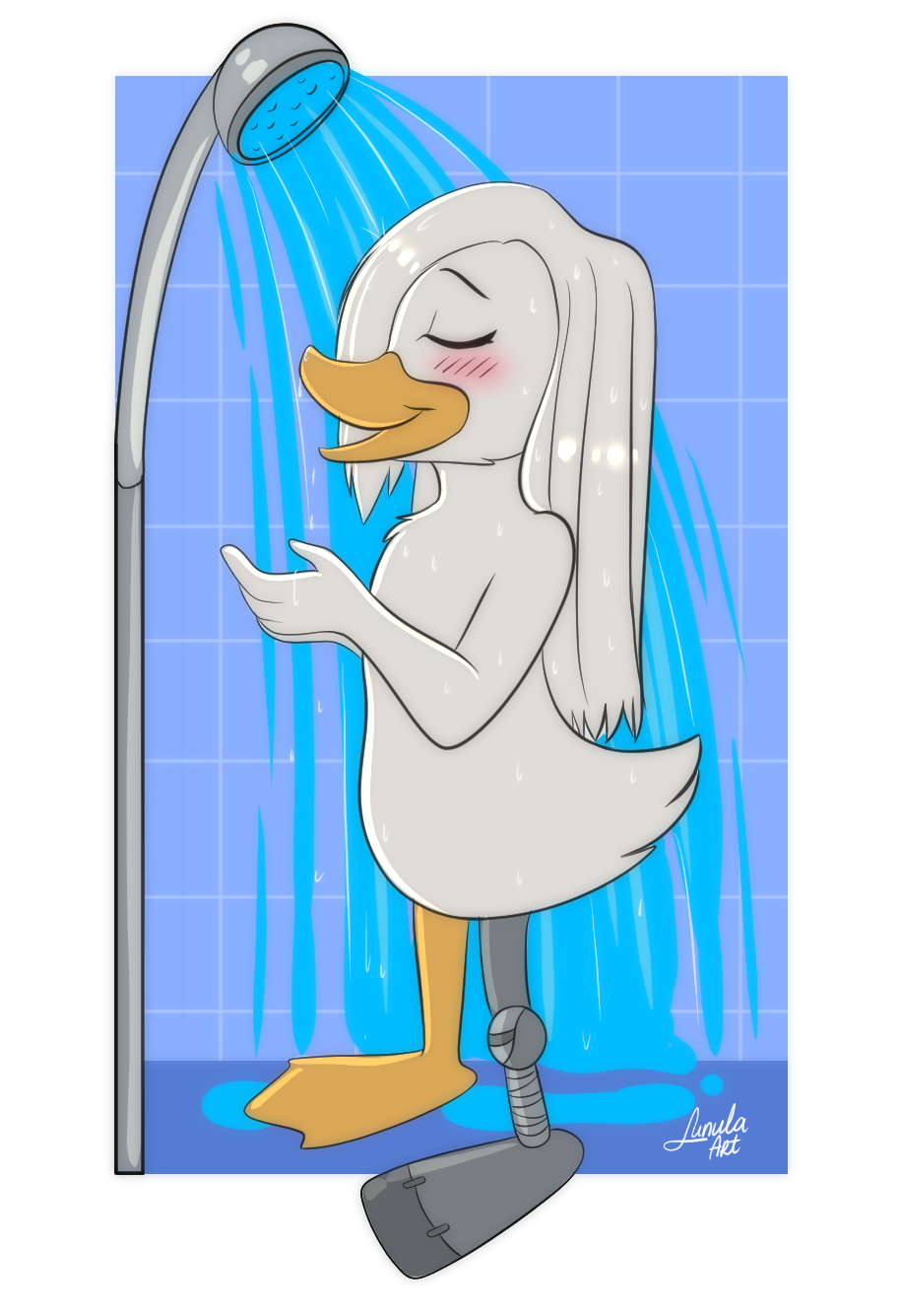 amputee anatid anseriform anthro avian bathing bird della_duck disability disney duck ducktales ducktales_(2017) feathers female hair hi_res long_hair lunula_(artist) missing_leg nude open_mouth open_smile prosthetic prosthetic_leg prosthetic_limb relaxing showering smile solo tasteful_nudity wet wet_body wet_feathers wet_hair