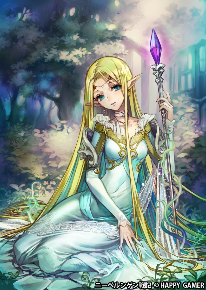 1girl absurdly_long_hair blonde_hair blue_dress choker copyright_notice dress earrings elf forest green_eyes highres holding holding_staff jewelry long_hair looking_at_viewer nature niberungen_senki official_art outdoors parted_lips pointy_ears solo staff umiu_geso very_long_hair white_choker