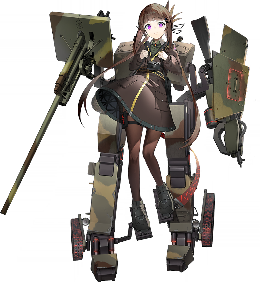 ash_arms belt bion_(marfusha) breasts brown_hair camera camouflage canno full_body hair_ornament hairclip hime_cut light_frown long_hair marfusha mecha_musume official_art pantyhose ponytail purple_eyes shoes small_breasts transparent_background uniform weapon